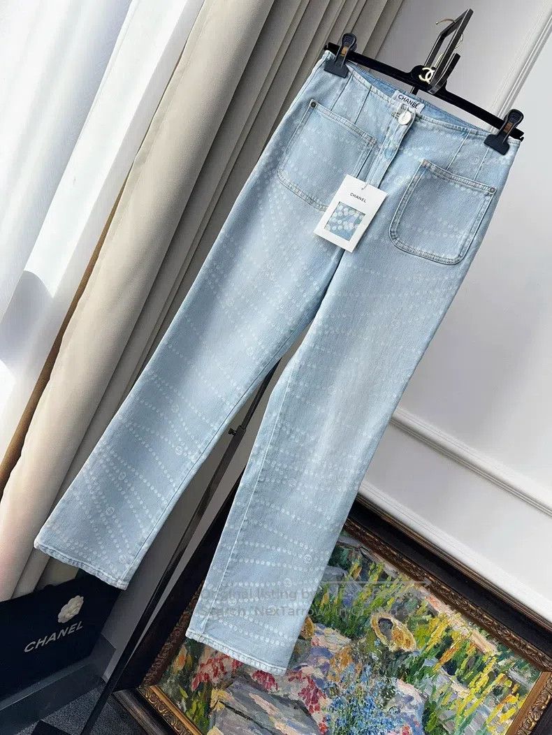Chanel 25P pearl chain printed double pocket light blue je