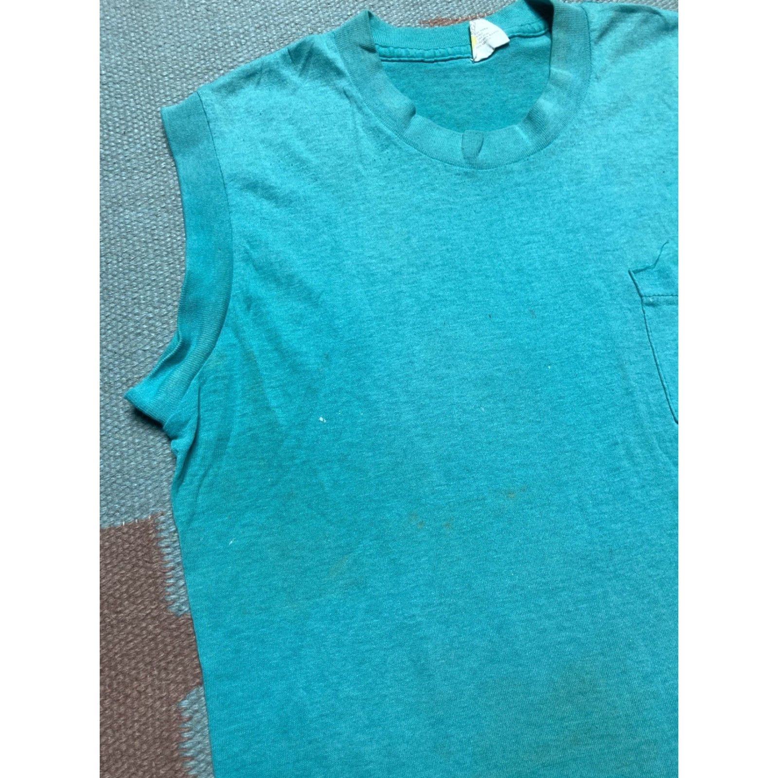 Altea VINTAGE 80s Sleeveless Pocket T Shirt Blue Teal Muscle Stained Medium M & M Men Shirts Size US M / EU 48-50 / 2 - 4 Thumbnail