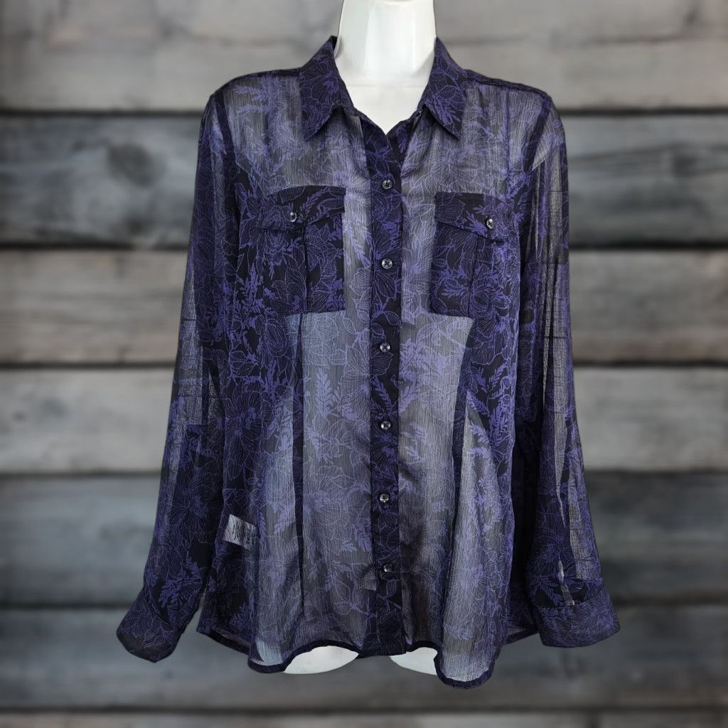 Eddie Bauer Eddie Bauer Womens Button-Up Top M Purple Floral Sheer Long Sleeve Collared Polyester Button-Up 90s? Size M / US 6-8 / IT 42-44 - 1 Thumbnail