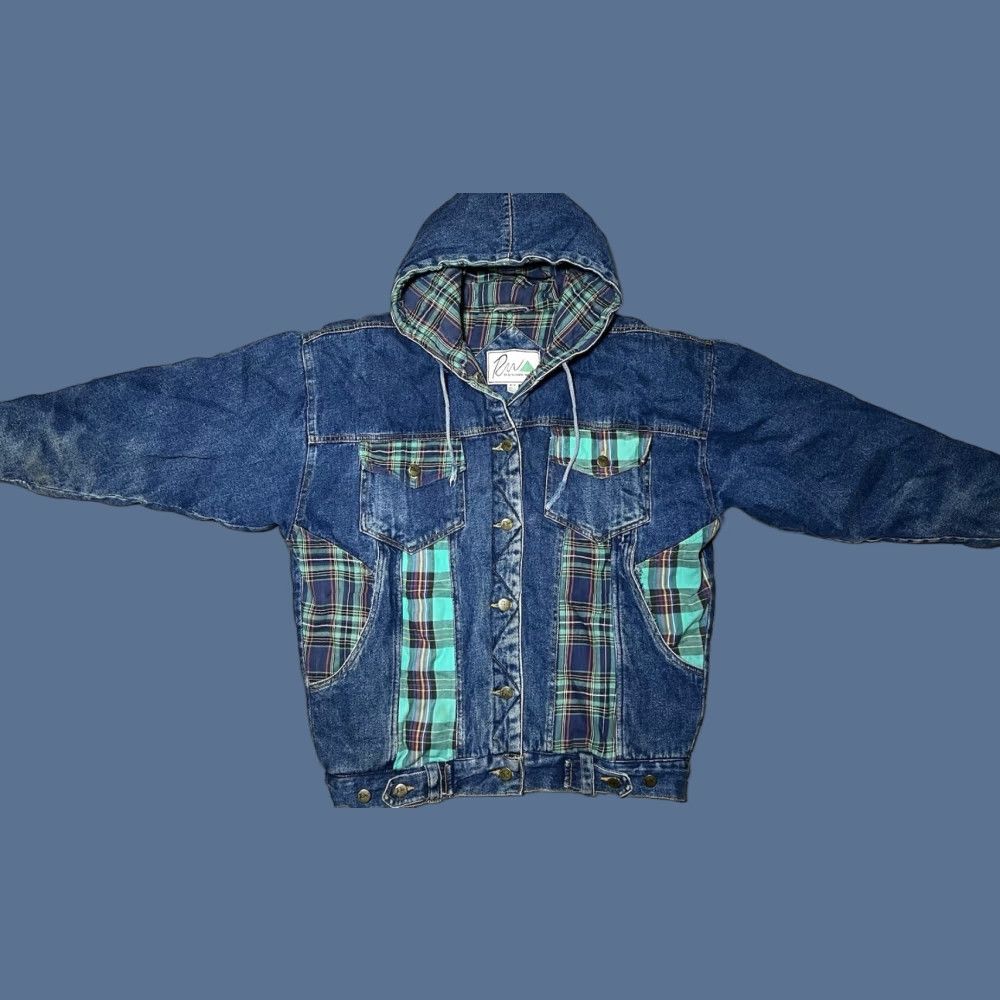 Rainbow VINTAGE Rainbow West Heavy Denim Jacket Geometric Plaid Trim Quilted Hooded Padded Pockets Unisex Adults M Blue Fall Winter Size M / US 6-8 / IT 42-44 - 1 Thumbnail