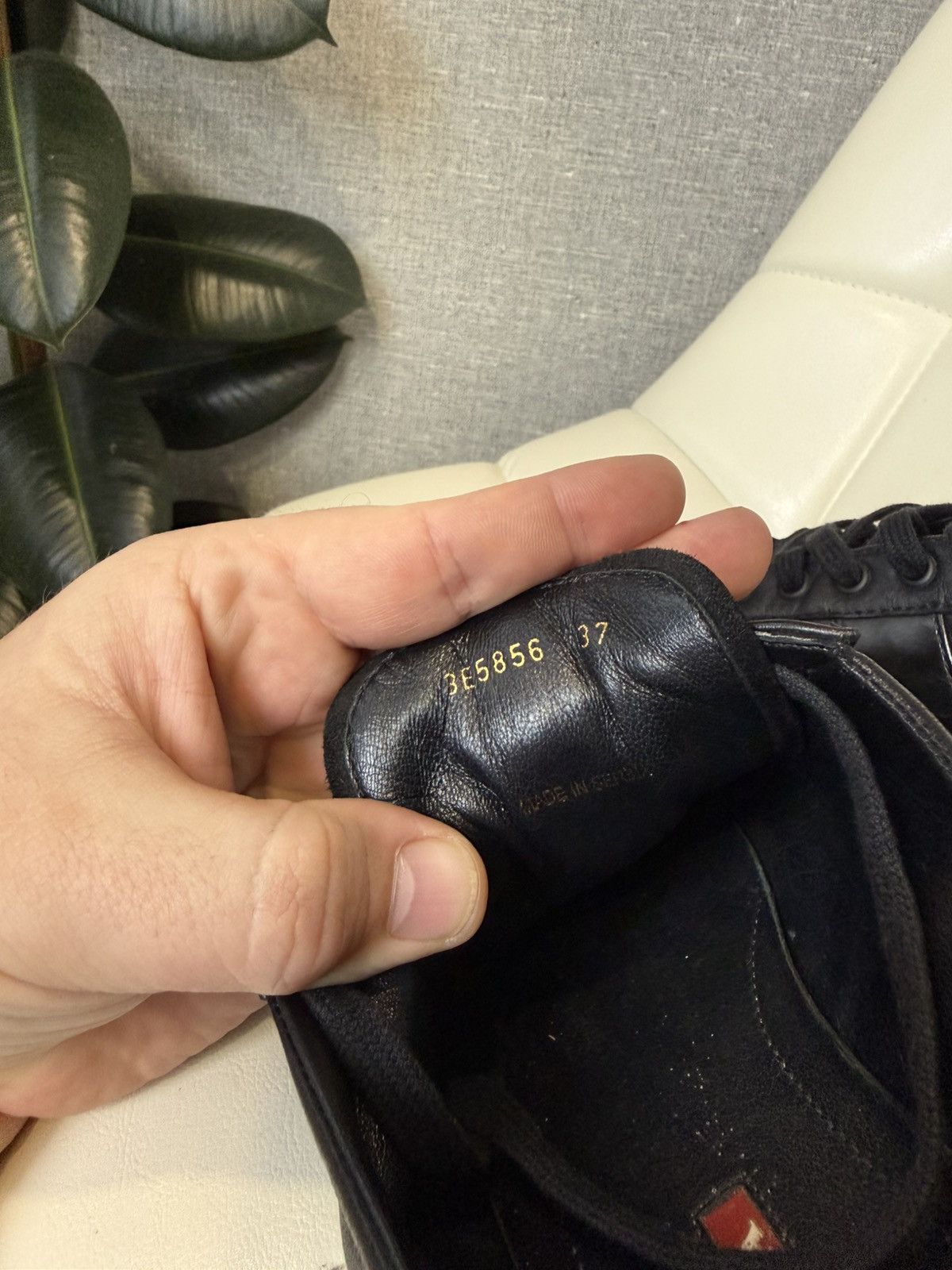 Prada Prada Black Leather Low-Top Sneakers with Red Stripe Logo Size US 7 / IT 37 - 20 Thumbnail