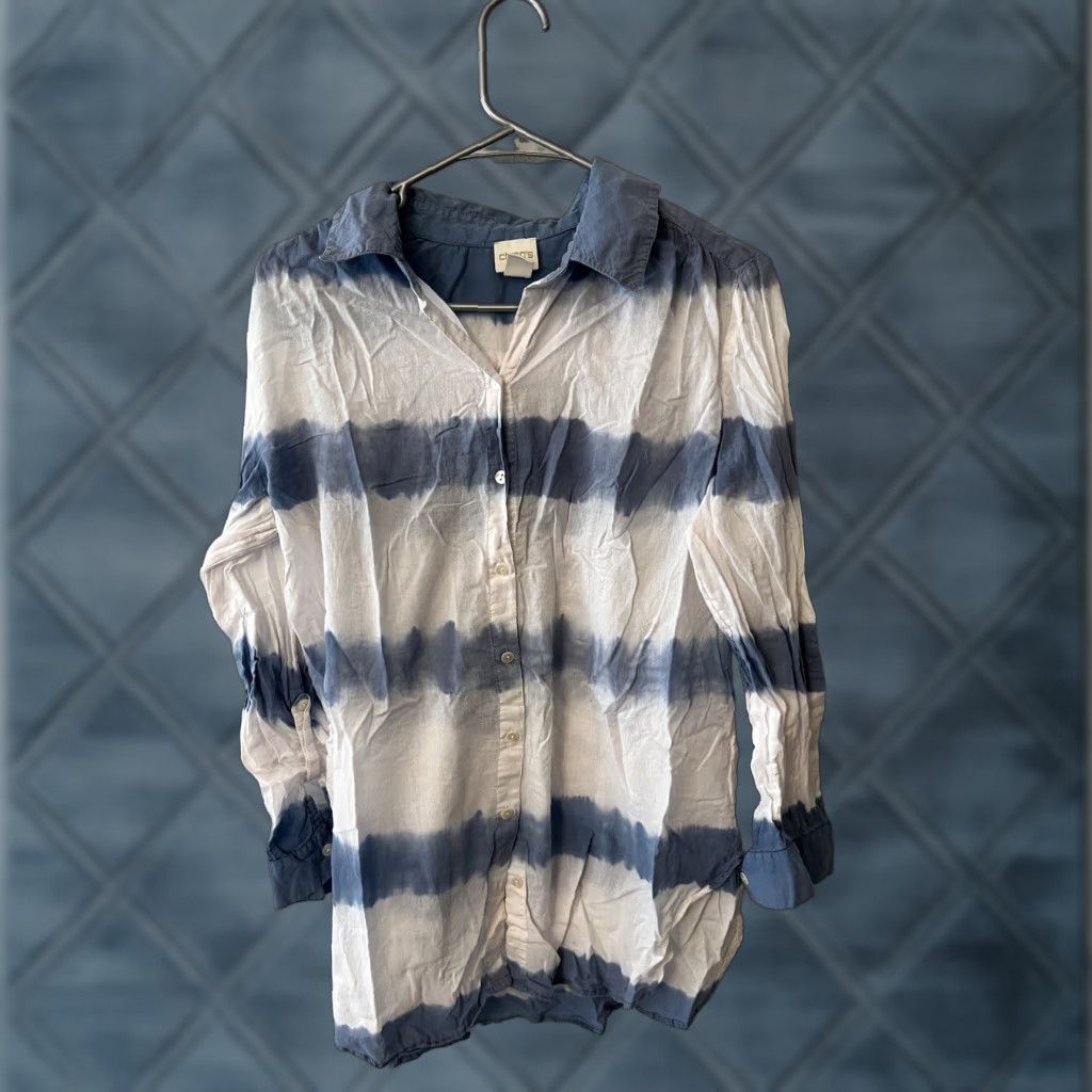 Vintage Chico’s Tie-Dye Stripe Shirt Womens Tunic Shirt Blue 2 Button Front Collared Long Sleeve Casual Size XS / US 0-2 / IT 36-38 - 1 Thumbnail