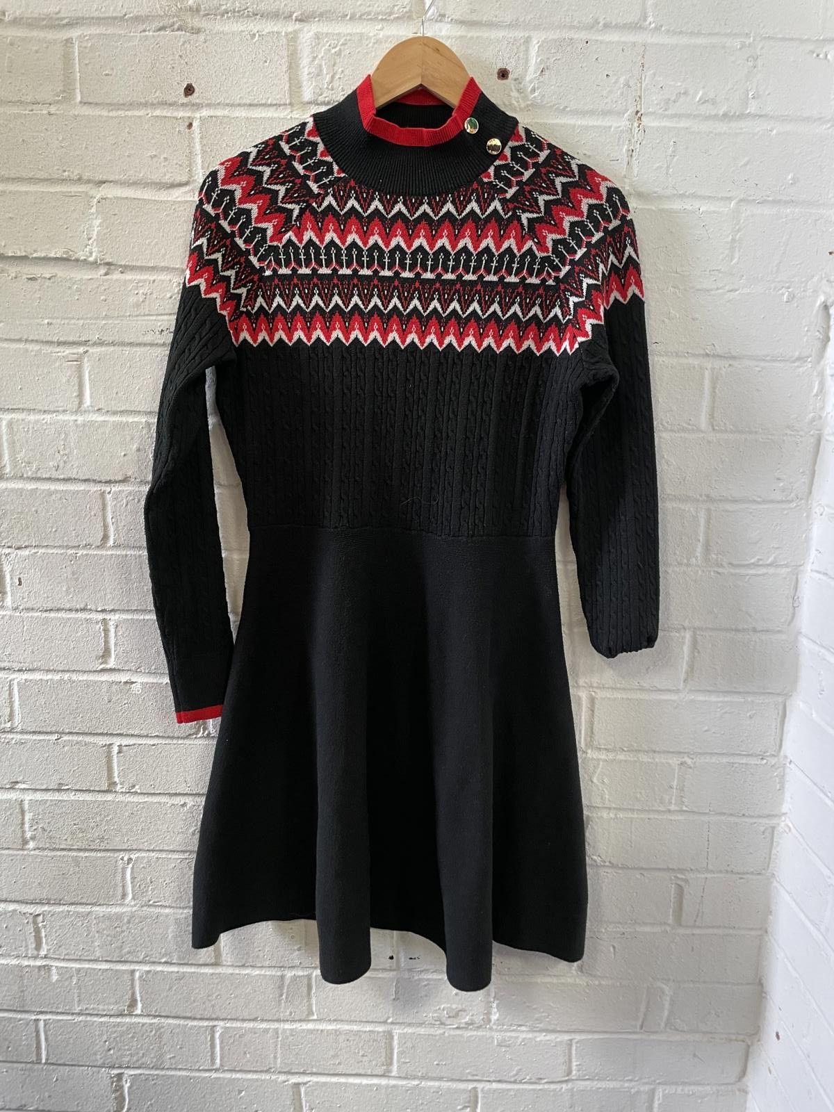 Unknown London Black Knit Dress with Red and White Patterned Yoke Size L / US 10 / IT 46 - 2 Thumbnail