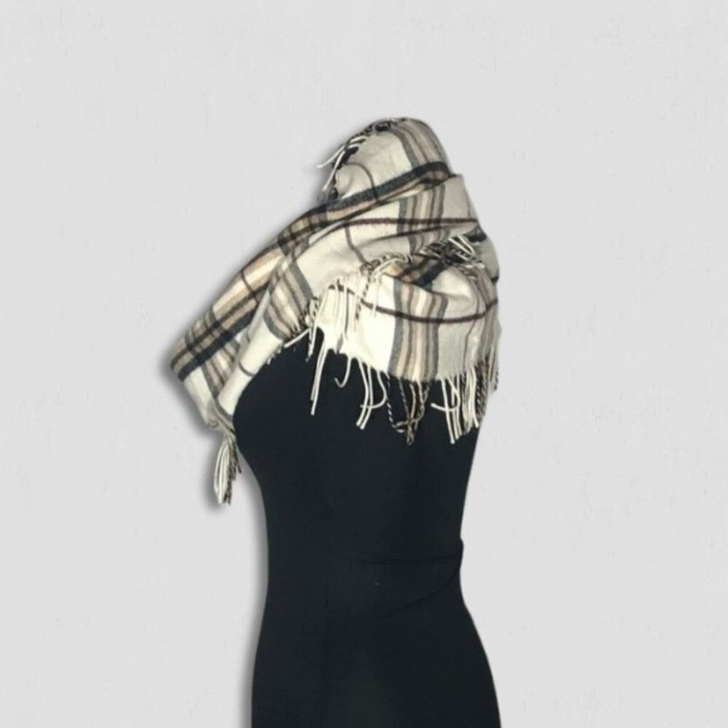 Van Heusen Fringe Scarf Infinity Style Plaid Pattern Cream/Beige OS Size ONE SIZE - 4 Thumbnail