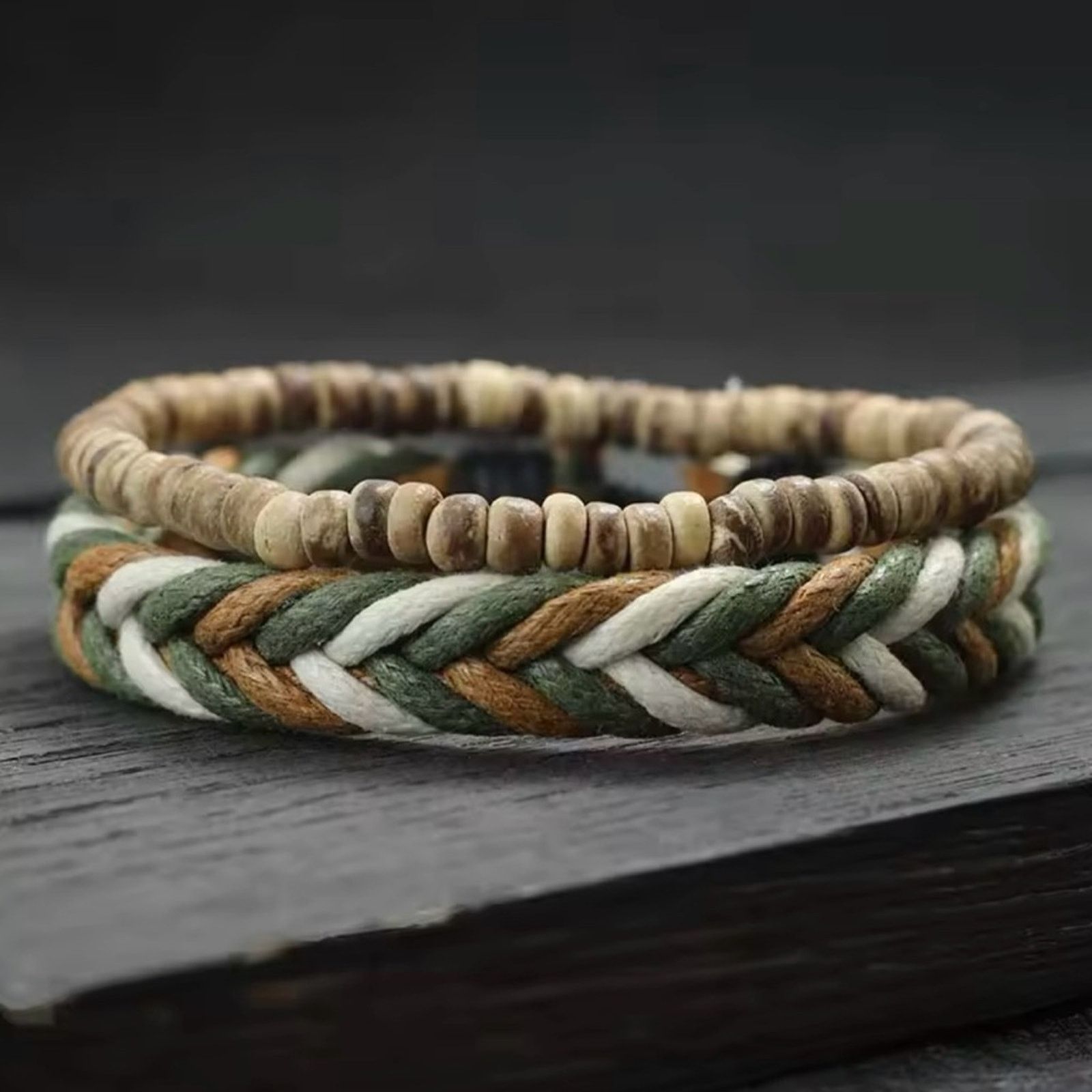 Other 2Pcs Mens Weave Bracelet Set Natural Wood Rope Braclet Size ONE SIZE - 1 Thumbnail