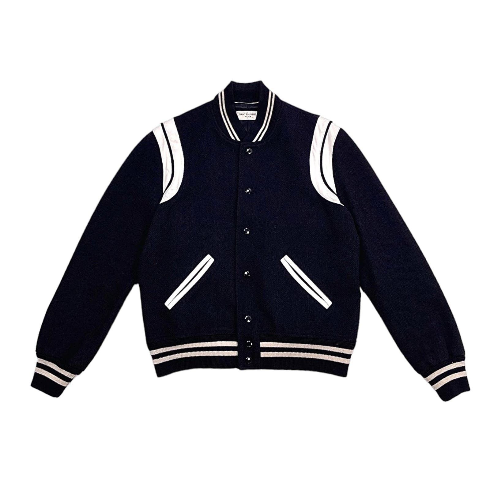 image of Saint Laurent Paris Saint Laurent Teddy Varsity Jacket Black White Pre-Owned, Men's (Size Small)