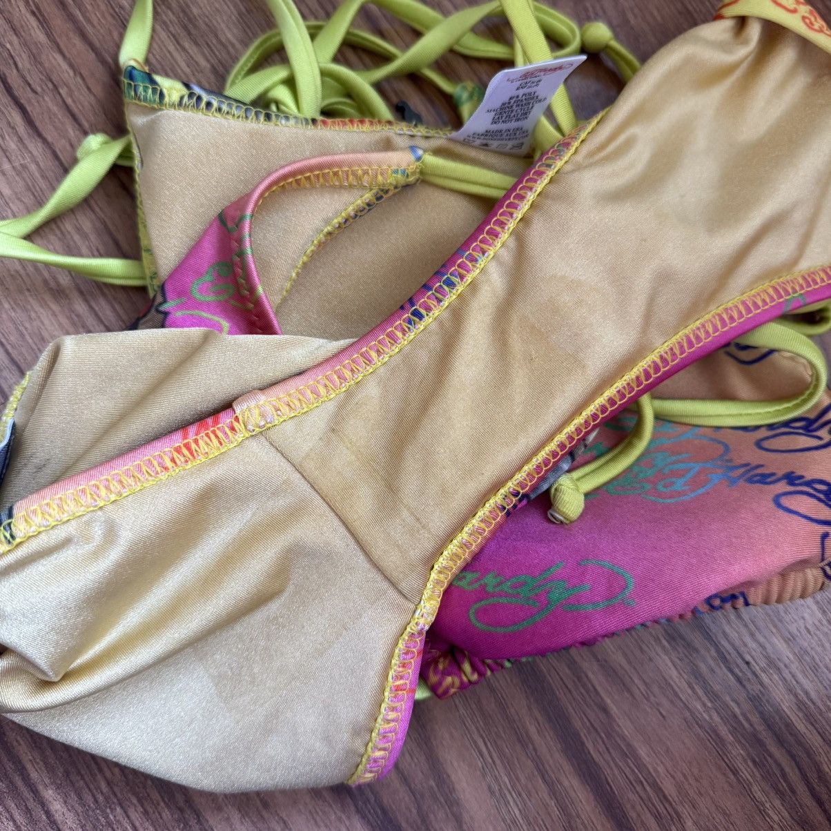 ED HARDY Vintage Y2K Rare Pink Yellow Dishonor Bikini Set