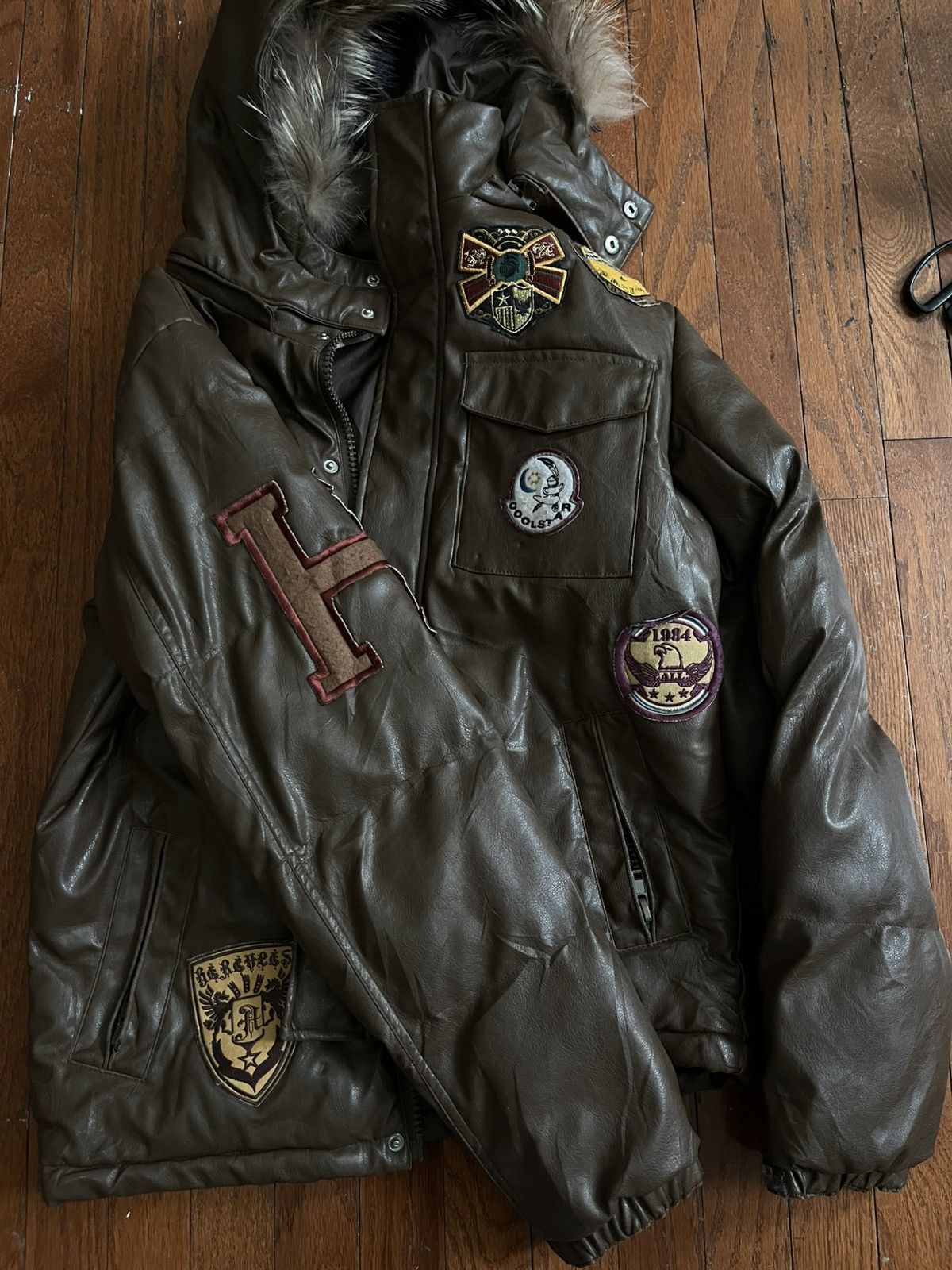 Japanese Brand Brown leather bomber/parka fur, patches Size US M / EU 48-50 / 2 - 1 Thumbnail