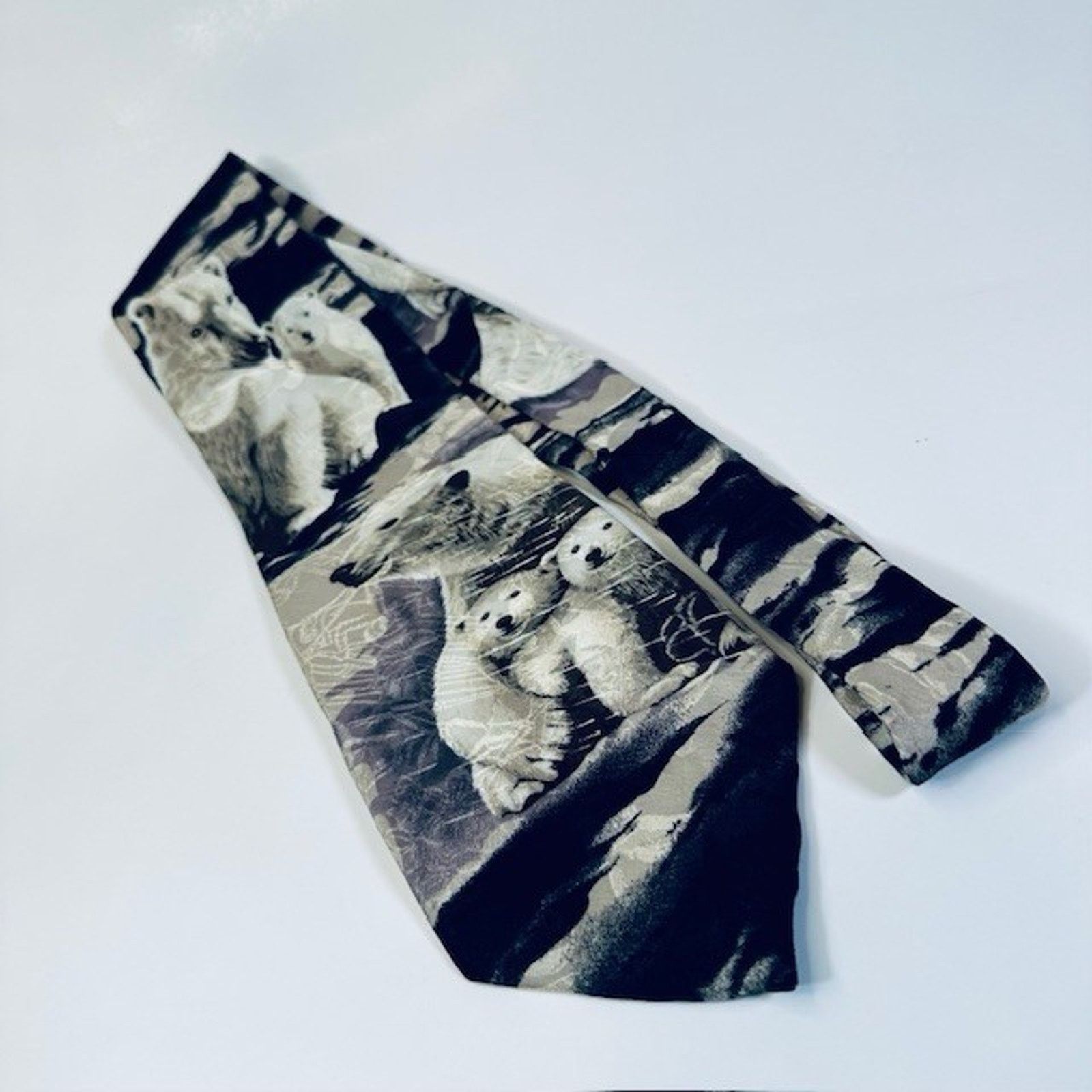 Other Endangered Species Tie Artic Polar Bears, Blk/White/Blu Silk Size ONE SIZE - 14 Thumbnail
