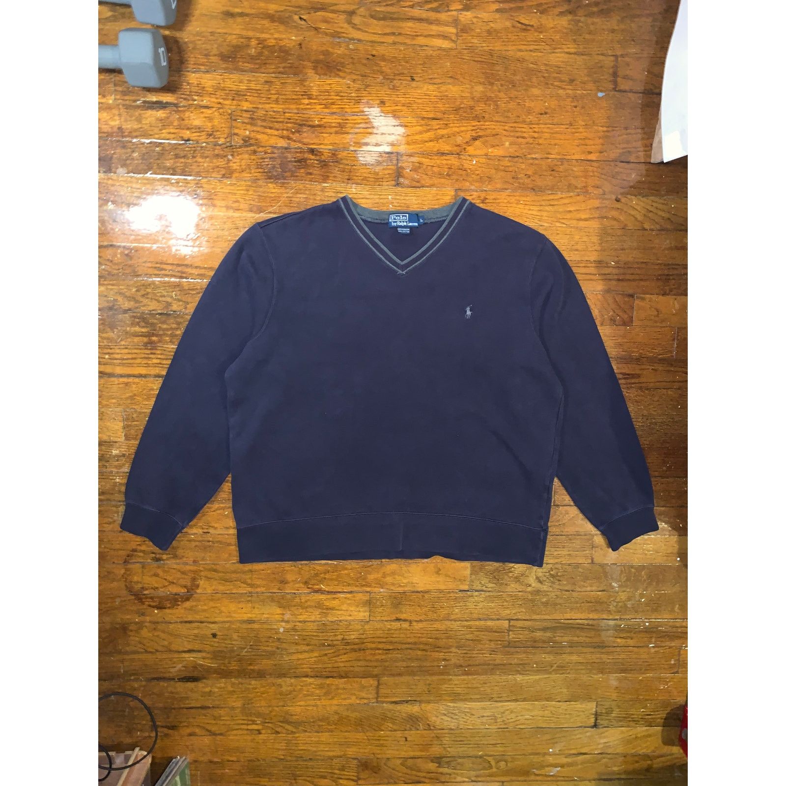 Vintage Polo Ralph Lauren V Neck Cotton Sweater L Navy Pony