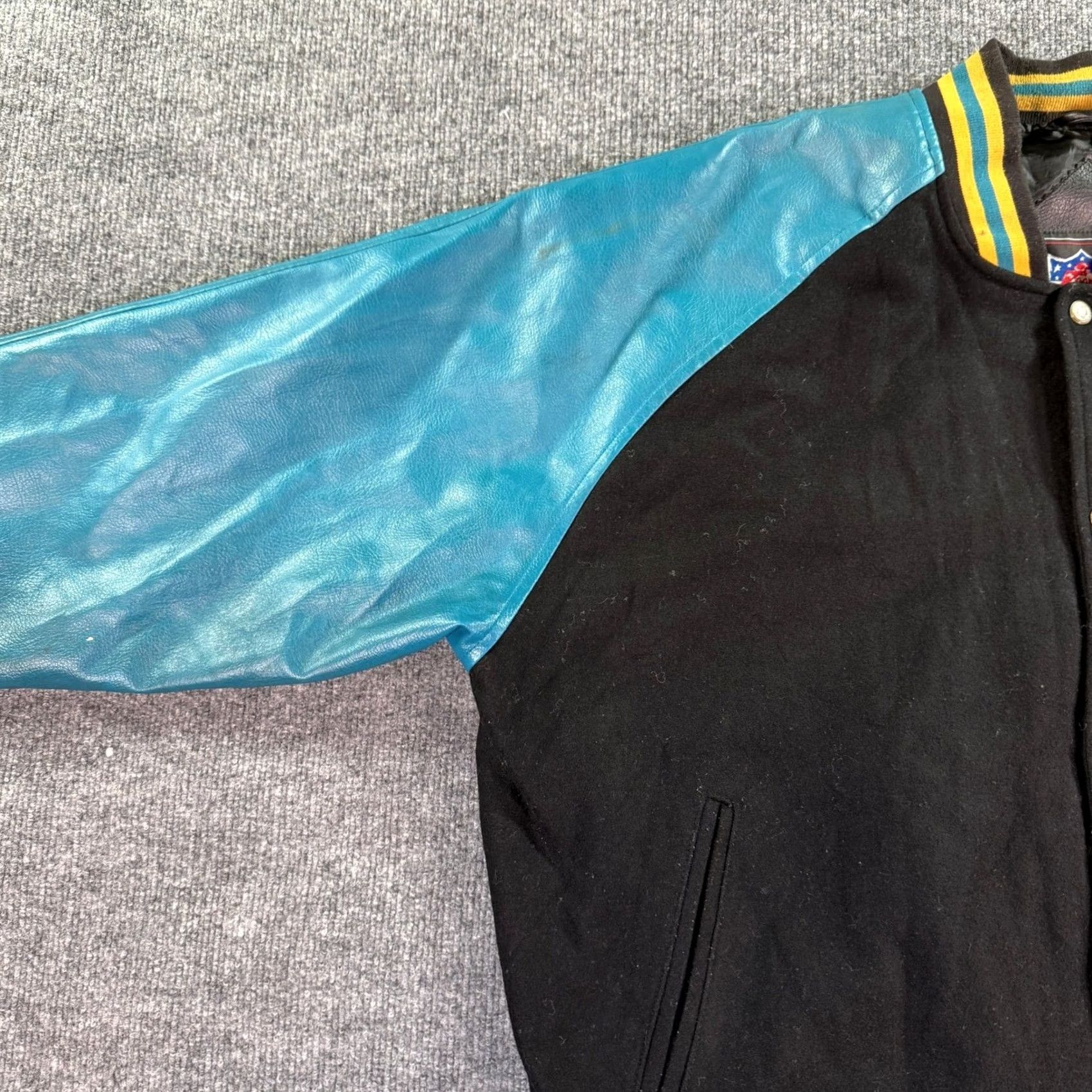 NFL VINTAGE Jacksonville Jaguars Varsity Jacket Mens XL Black Teal Leather Wool Logo Snap-Front Embroidered Rugby Character? Size US XL / EU 56 / 4 - 7 Thumbnail