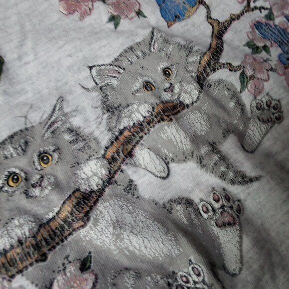 Vintage Vintage Day Break Kittens Cats Birds Double Sleeve T-Shirt Size US L / EU 52-54 / 3 - 3 Thumbnail