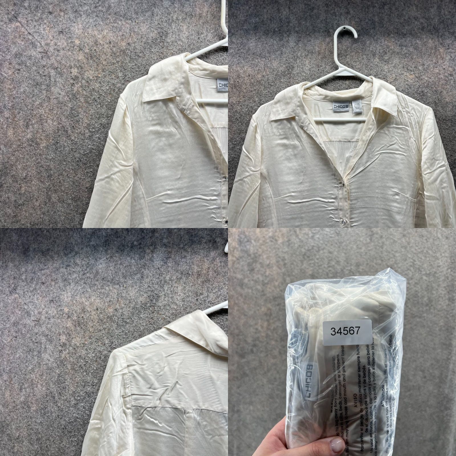 Vintage Chico's Shirt Dress Womens Small Beige Silk Satin Button Down Long Sleeve Casual Knee Length) Size S / US 4 / IT 40 - 8 Thumbnail