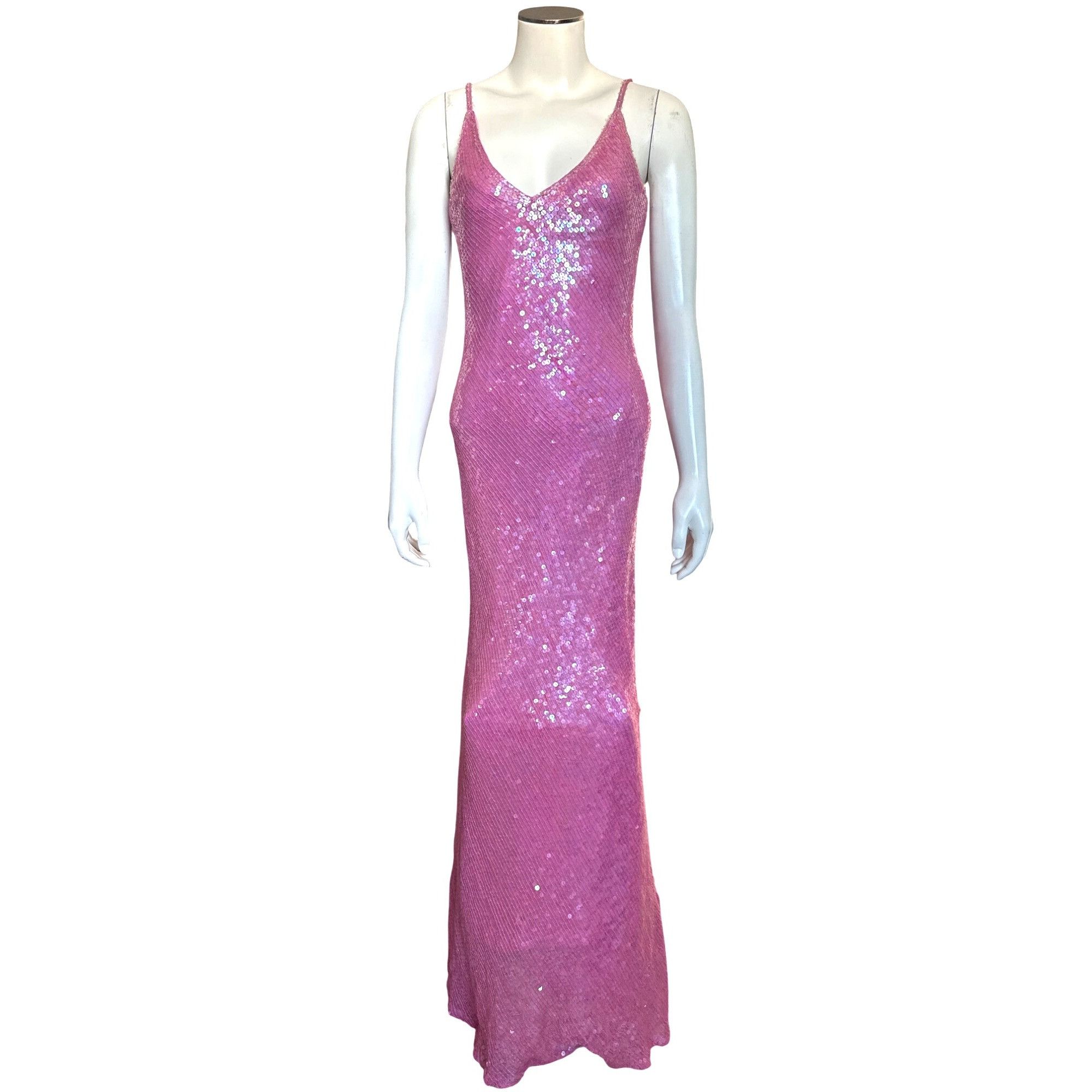 Other Scala Small Pink Silk Sequin Bias Cut Gown V Back Barbiecore Size S / US 4 / IT 40 - 2 Thumbnail