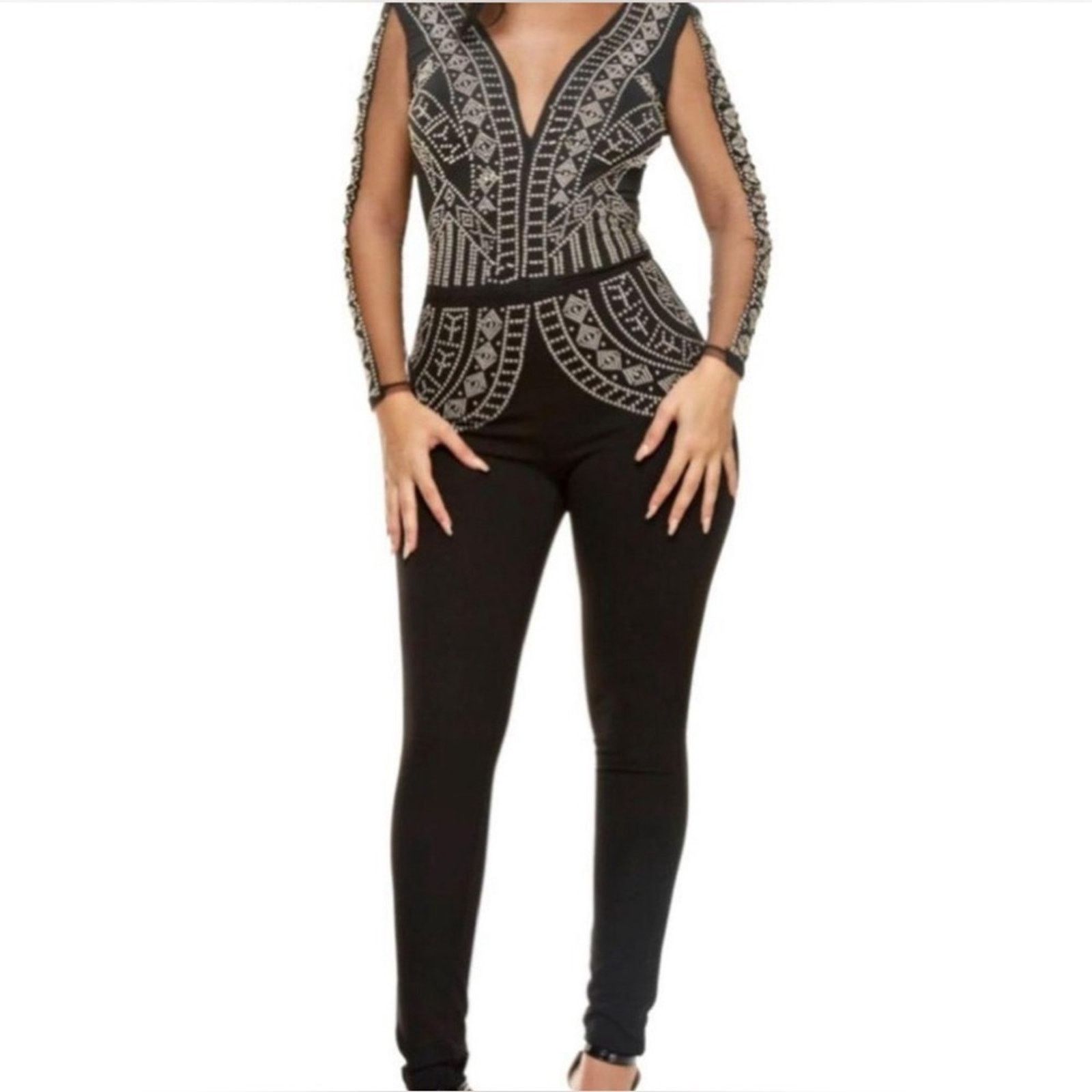 NWT Love Nation Black Gold Studded Sheer Sleeved Bodysuit, Women's (Size 42)