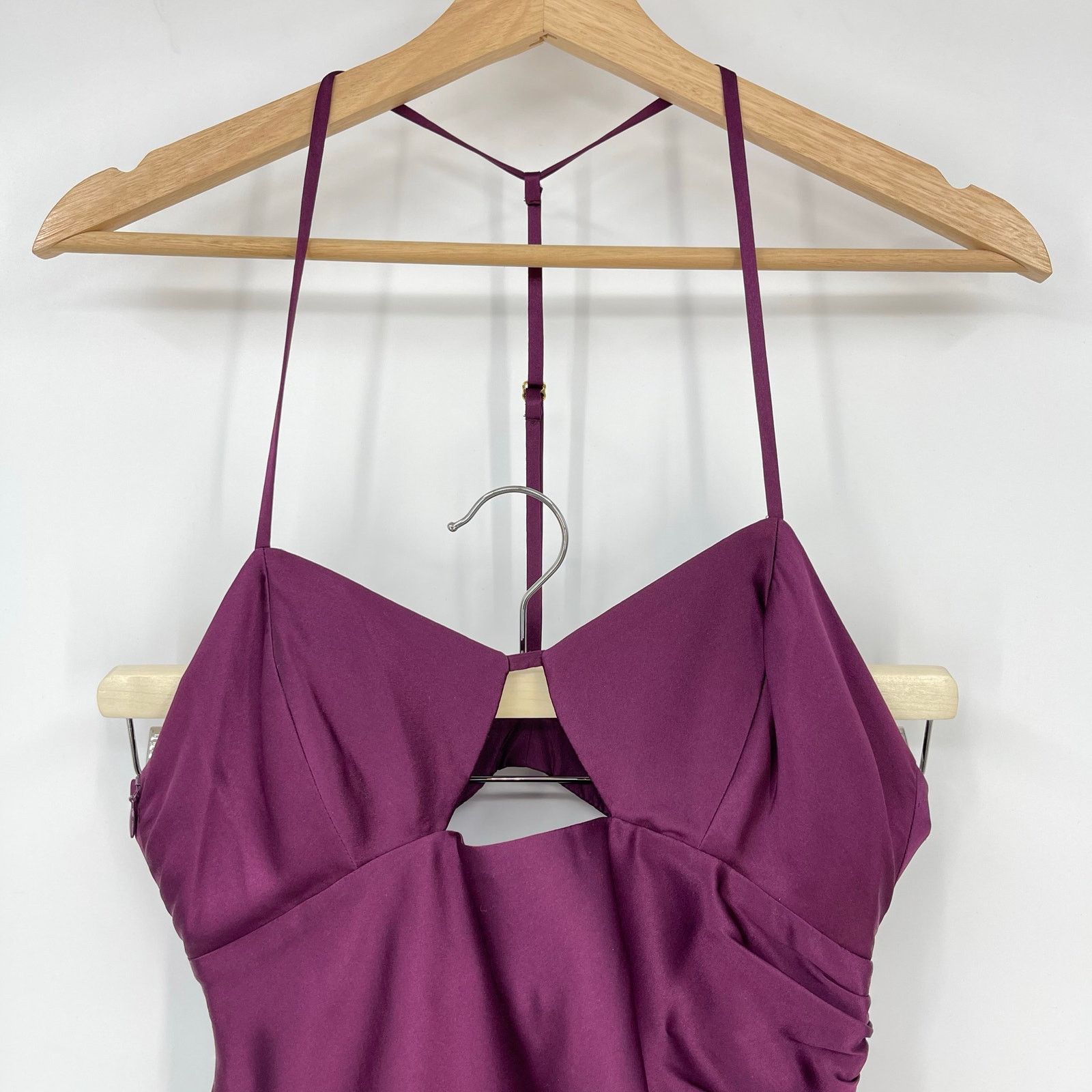 The Sei Ruched Cut Out Silk Midi Dress in Burgundy 2
