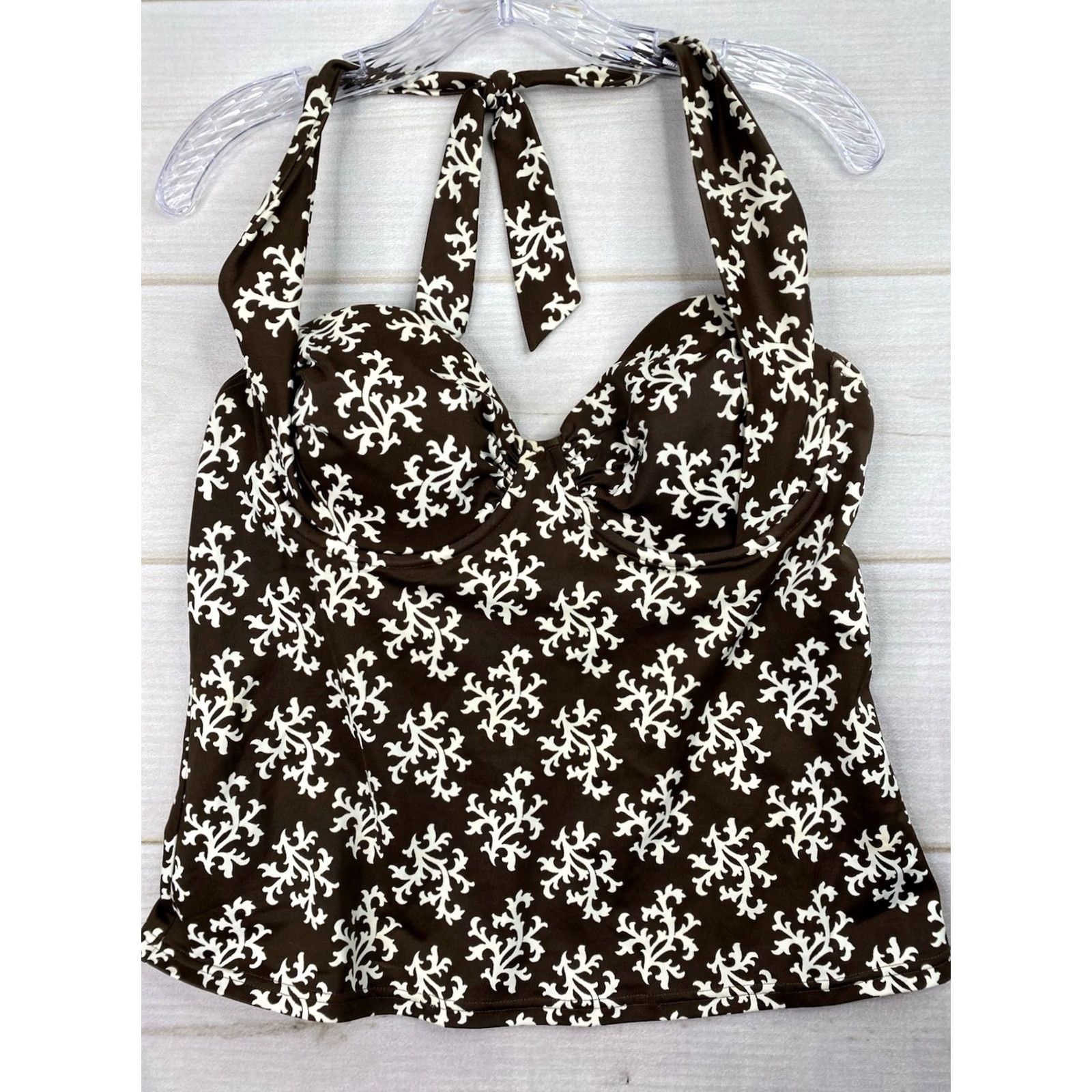 Lands' End Lands' End Womens 12 Brown Floral Leaf Halter Tankini Top Built-in Bra Underwire Tankini Top Size XL / US 12-14 / IT 48-50 - 2 Thumbnail