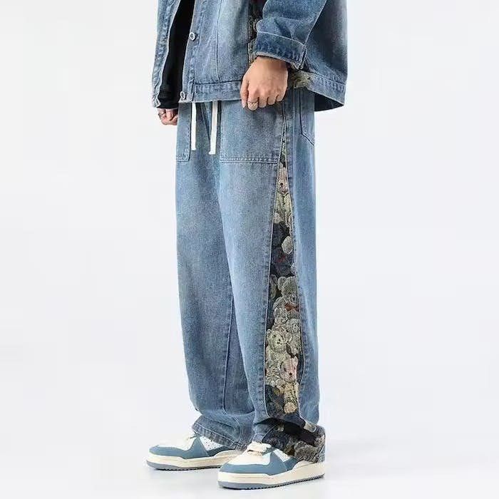 image of Y2K Hiphop Elastic Waist Bear Printed Baggy Leg Jean in Blue, Men's (Size 32)