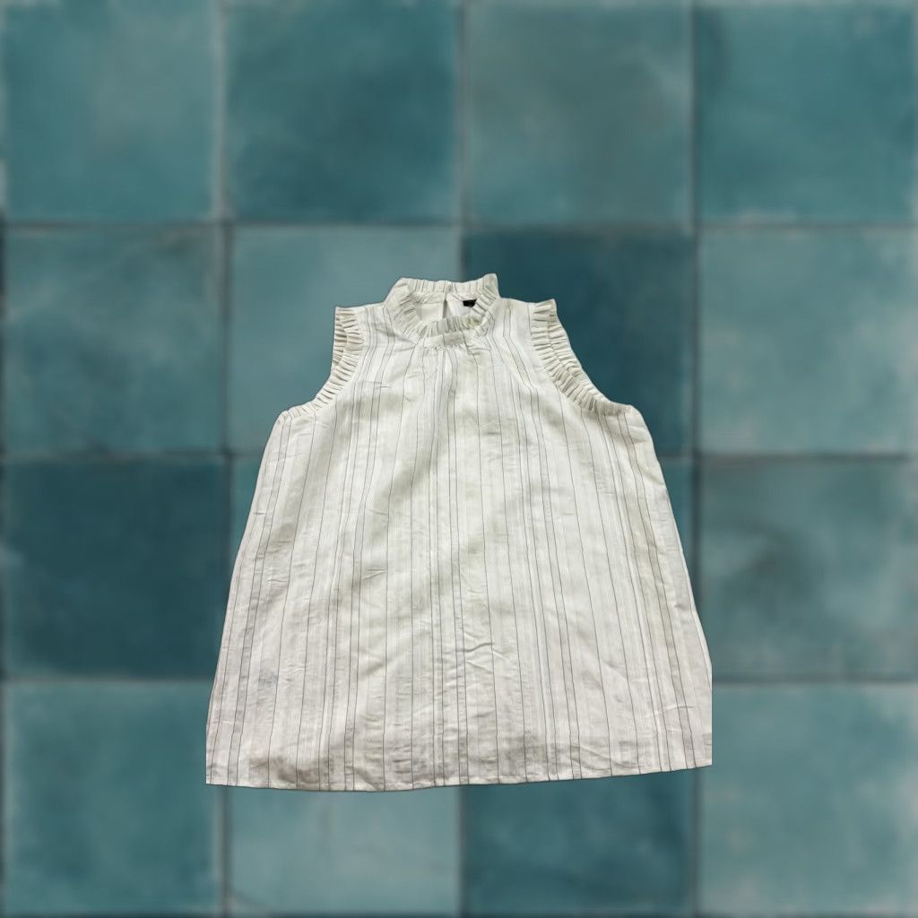 Ann Taylor Ann Taylor Blouse Womens Petite S White Striped Ruffle Mock Neck Sleeveless Size S / US 4 / IT 40 - 1 Thumbnail