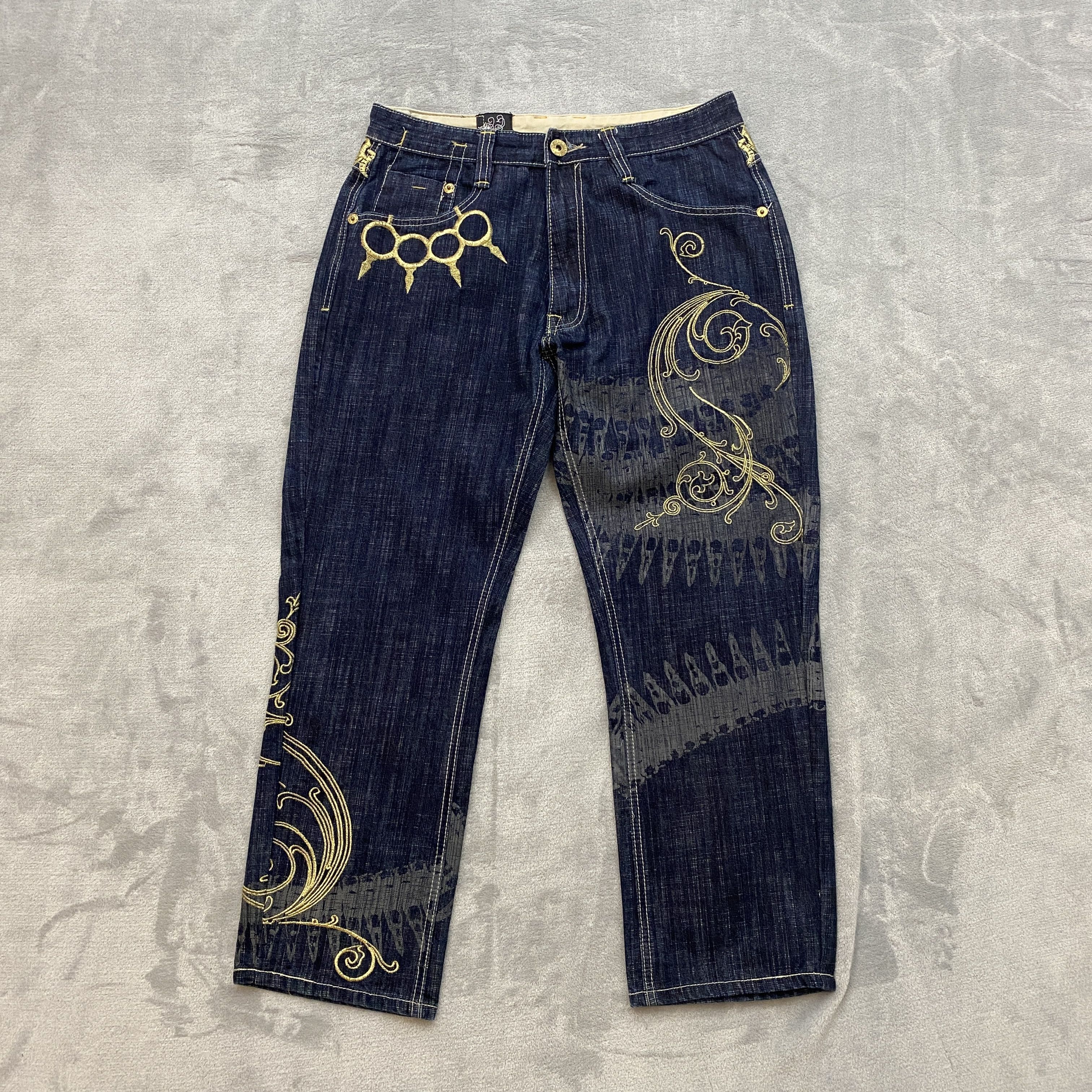 Y2K DELF Men 34x30 (32x27) Blue BULLETS & BRASS KNUCKLES