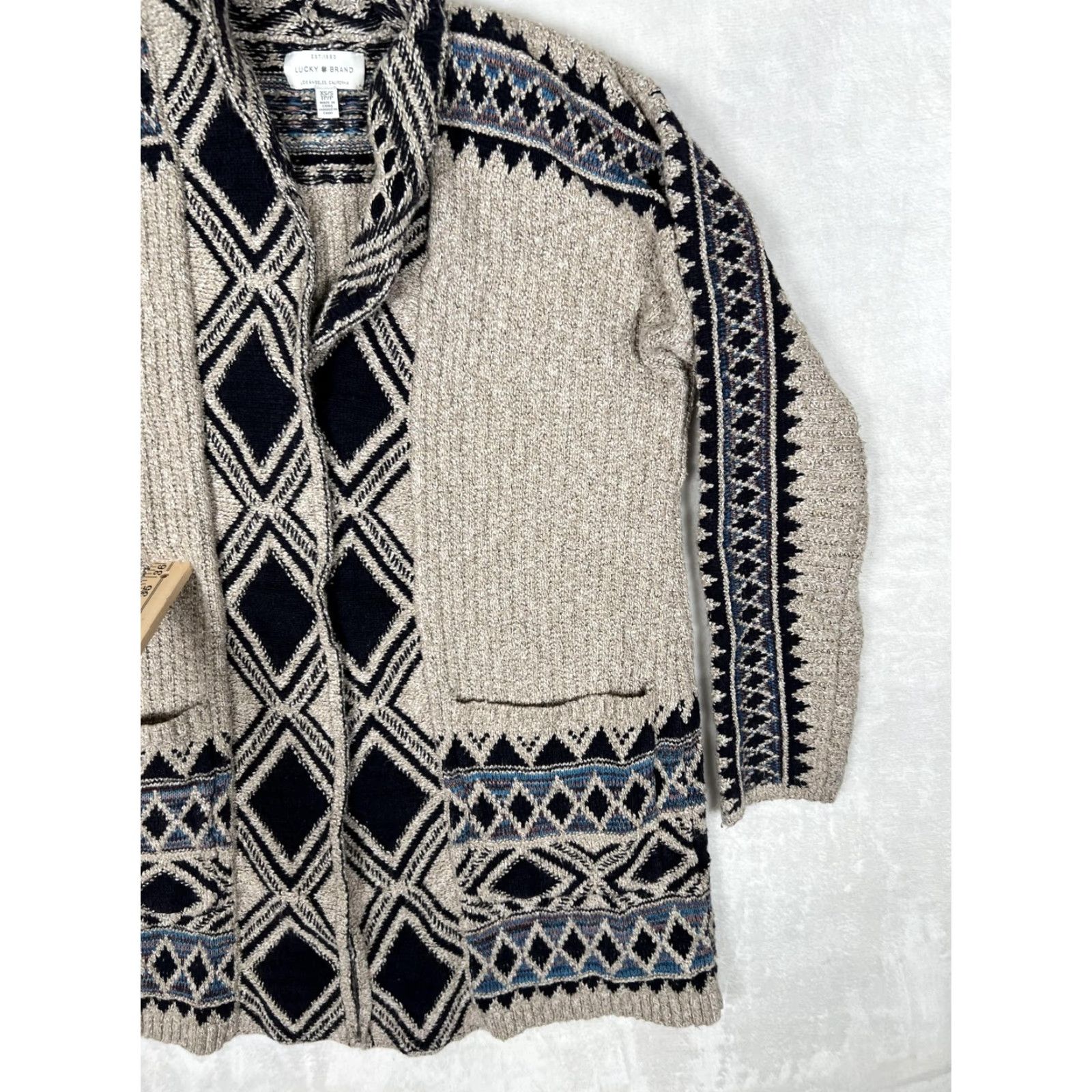 Lucky Brand Lucky Brand Cardigan Sweater Womens XS/S Beige Blue Open Front Aztec Knit - Geometric Open Front Pockets Shawl Collar Long Sleeve Knit Body Size S / US 4 / IT 40 - 3 Thumbnail