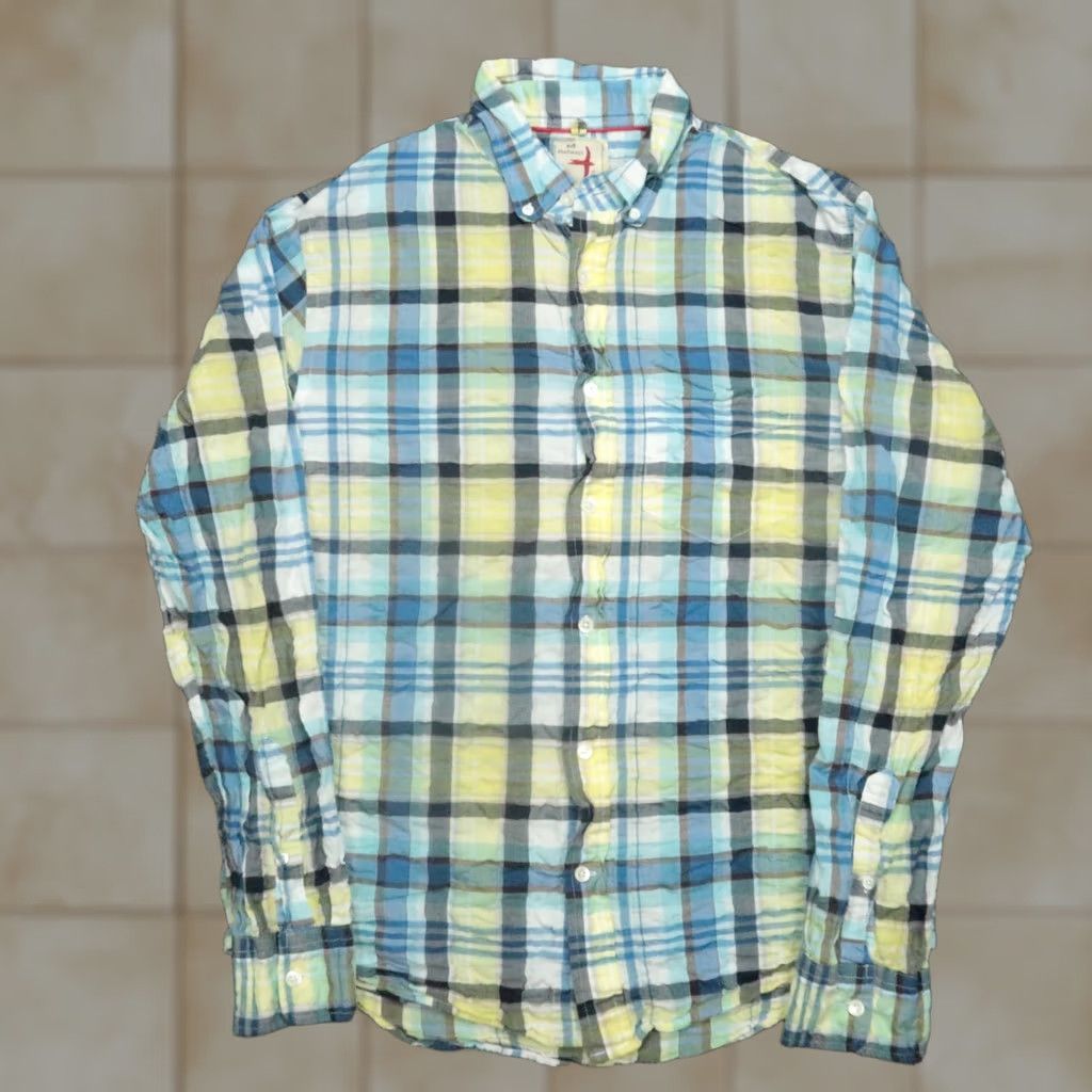 Relwen Relwen Shirt Mens Medium Blue Yellow Plaid Lightweight Long Sleeve Button-Up Seersucker Regular Fit Cotton Spandex Casual Mens Size US M / EU 48-50 / 2 - 1 Thumbnail