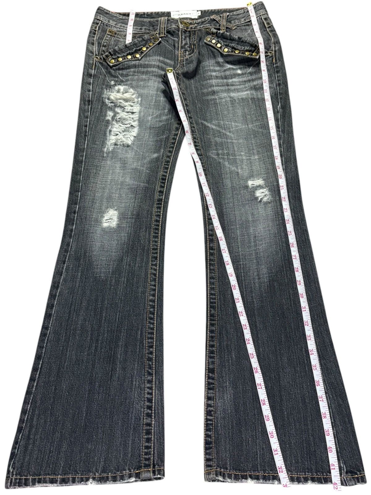 Japanese Brand × Seditionaries Vintage Japanese Brand Faded Wash Studded Ripped Flare Jeans Size 31" - 13 Thumbnail