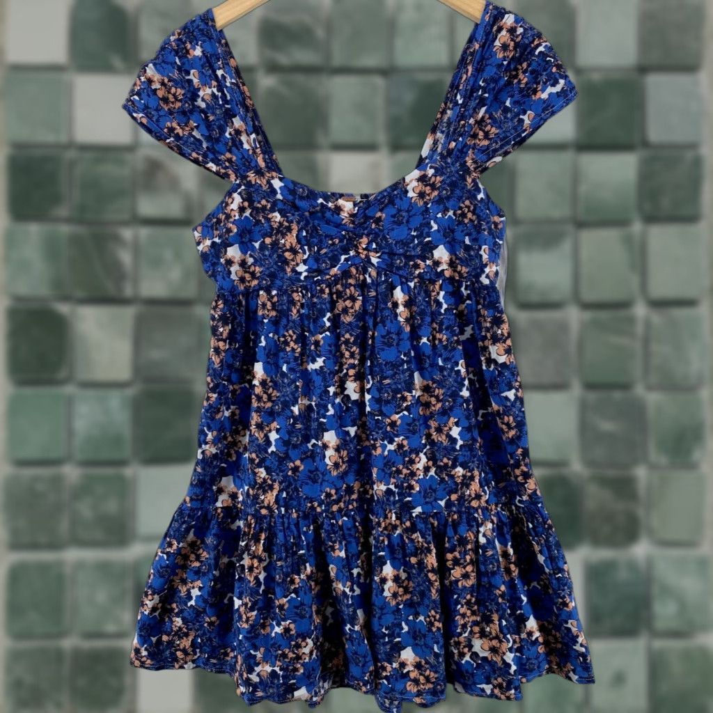 FREE PEOPLE Dress Flounce Mini XS Smocked Floral Cap Sleeve Blue   Sundress, Linen Blend, Beach Vacation, Women's XS - www.disolcolor.com