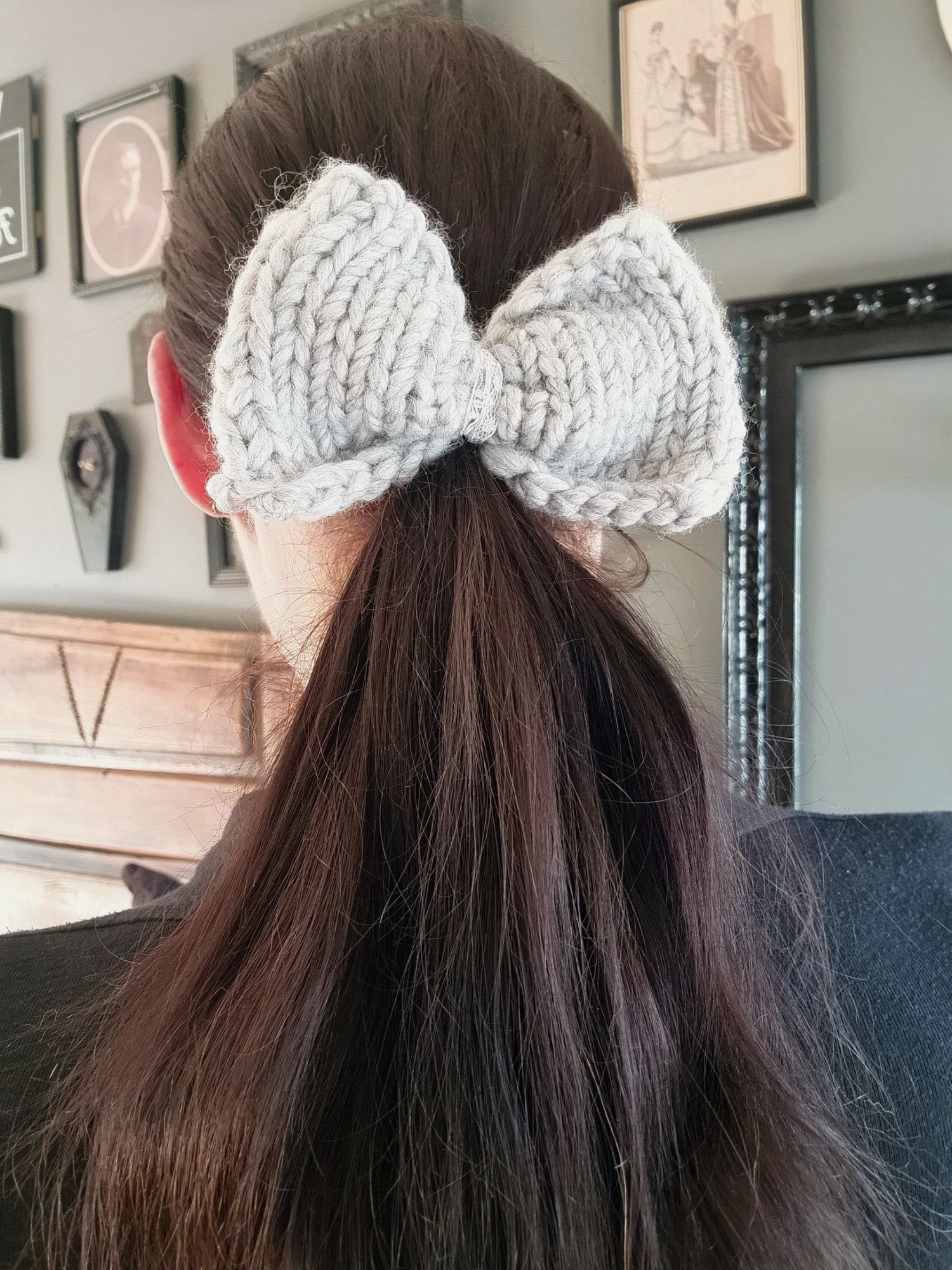 Handmade Hand Knit Hair Bow, Frost Gray Ponytail Holder or Hair Band, Size ONE SIZE - 4 Thumbnail