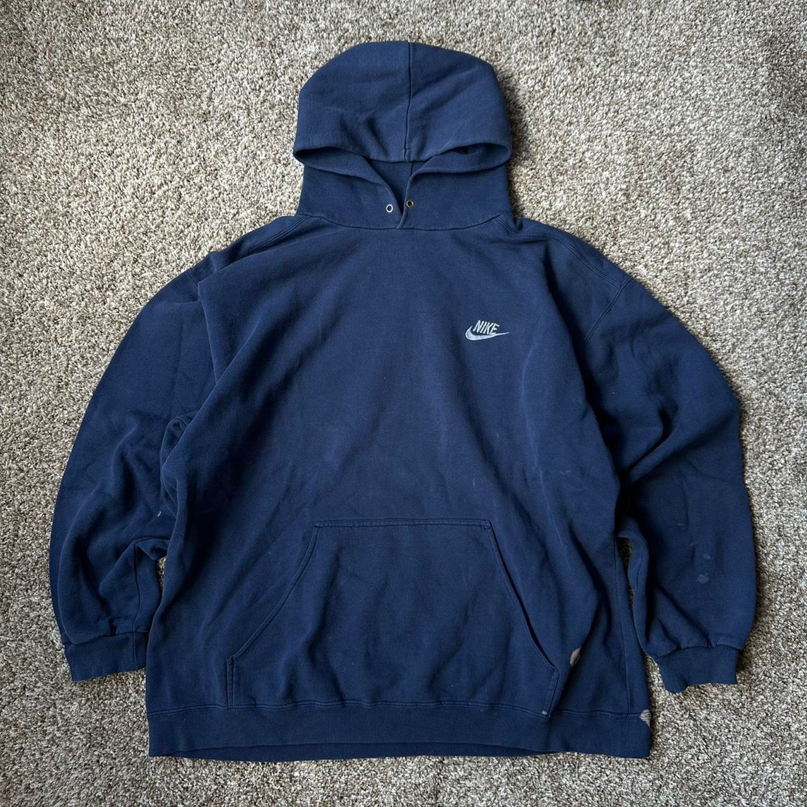 Nike × Vintage Vintage 90s Baggy Nike Check Navy Cotton Hoodie Sweatshirt Size US XXL / EU 58 / 5 - 1 Thumbnail