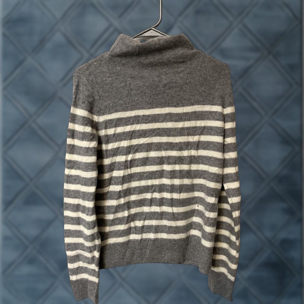Vince Vince 100% Cashmere Heather Gray Breton Stripe Funnel Neck Sweater Small Size S / US 4 / IT 40 - 1 Thumbnail