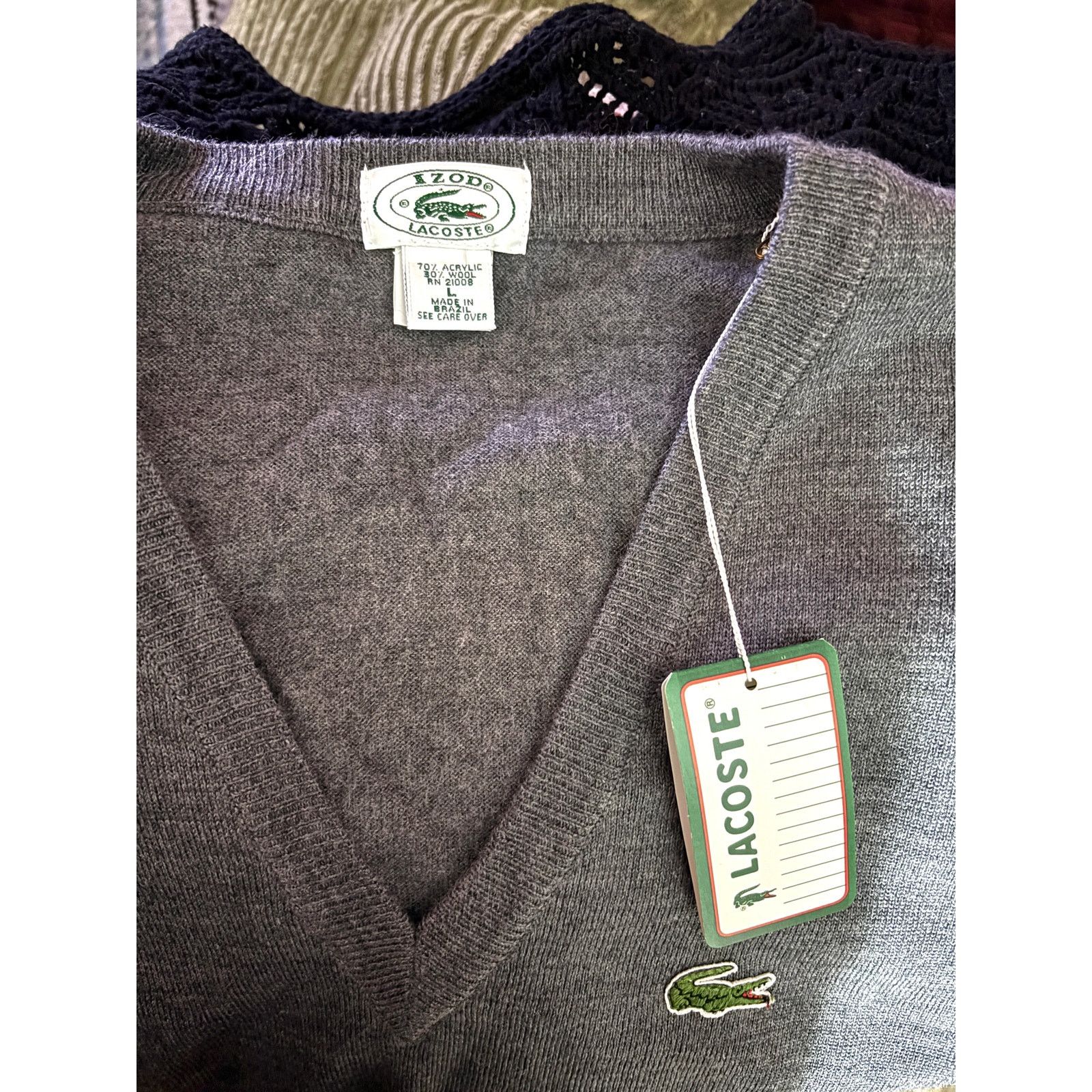 Lacoste Vintage 1980s Izod Lacoste Gray Knit V-Neck Sweater Men’s Size US L / EU 52-54 / 3 - 4 Thumbnail