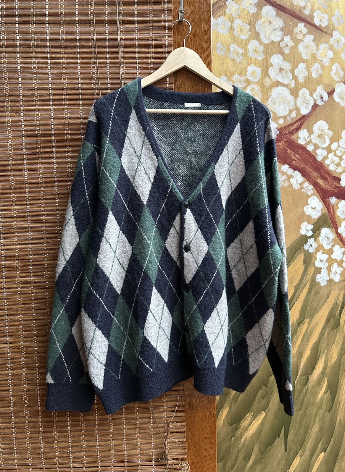 GU GU Brushed Yarn Argyle Navy/Green Cardigan XL Unisex Size US XL / EU 56 / 4 - 1 Thumbnail
