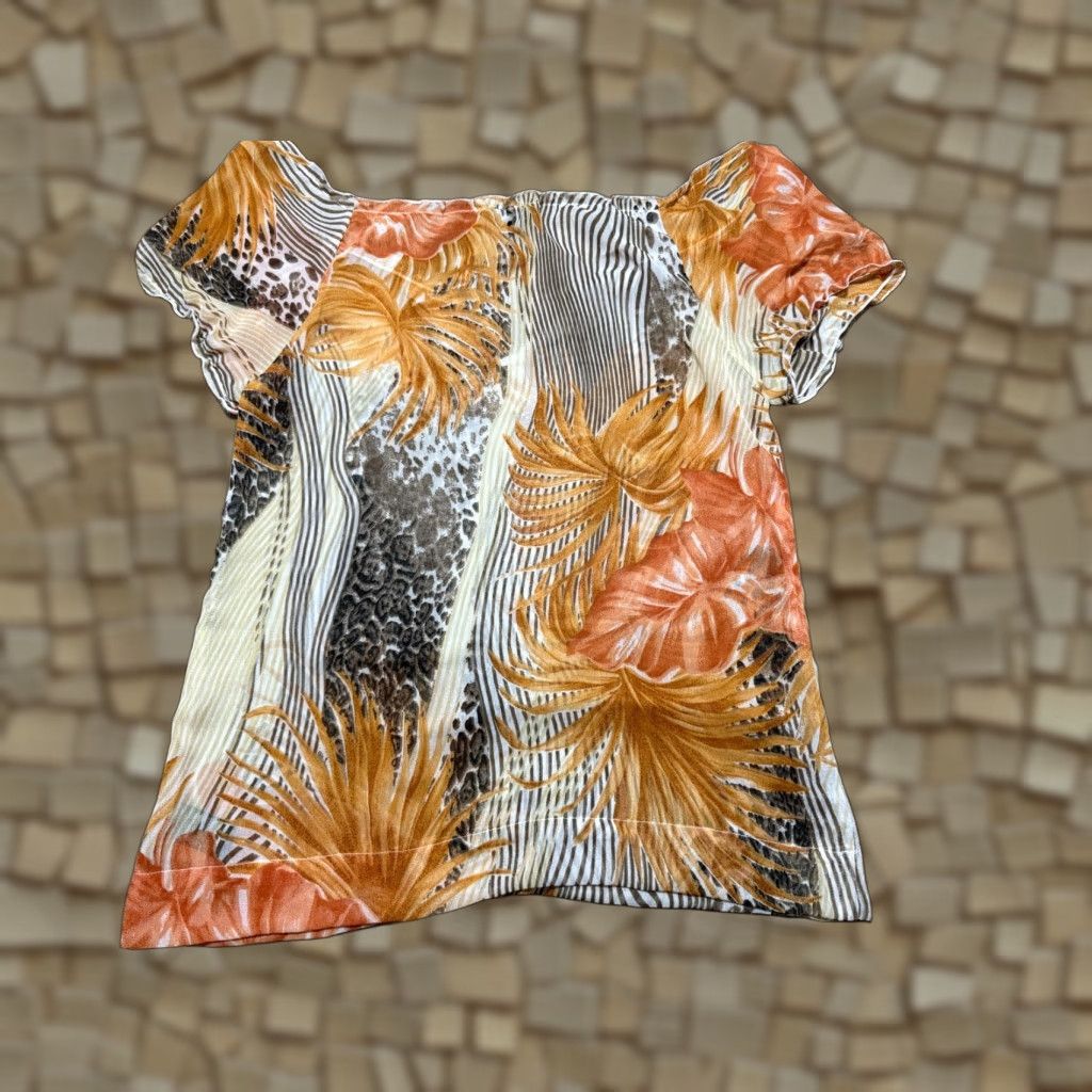 Vintage Chaudry KC Blouse Women L Orange Brown White V-neck Beads Cap Sleeve Casual Modern Cotton-Shirt Size L / US 10 / IT 46 - 1 Thumbnail