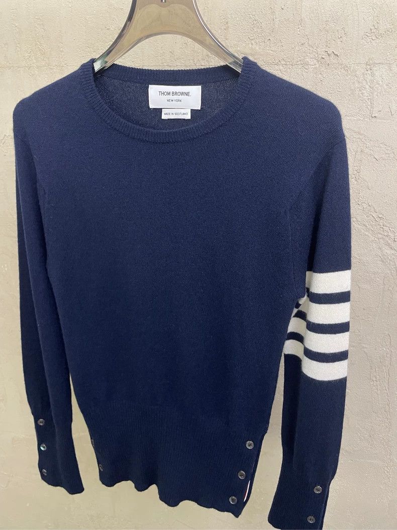 Thom browne Dark blue four-striped cashmere round-neck swea