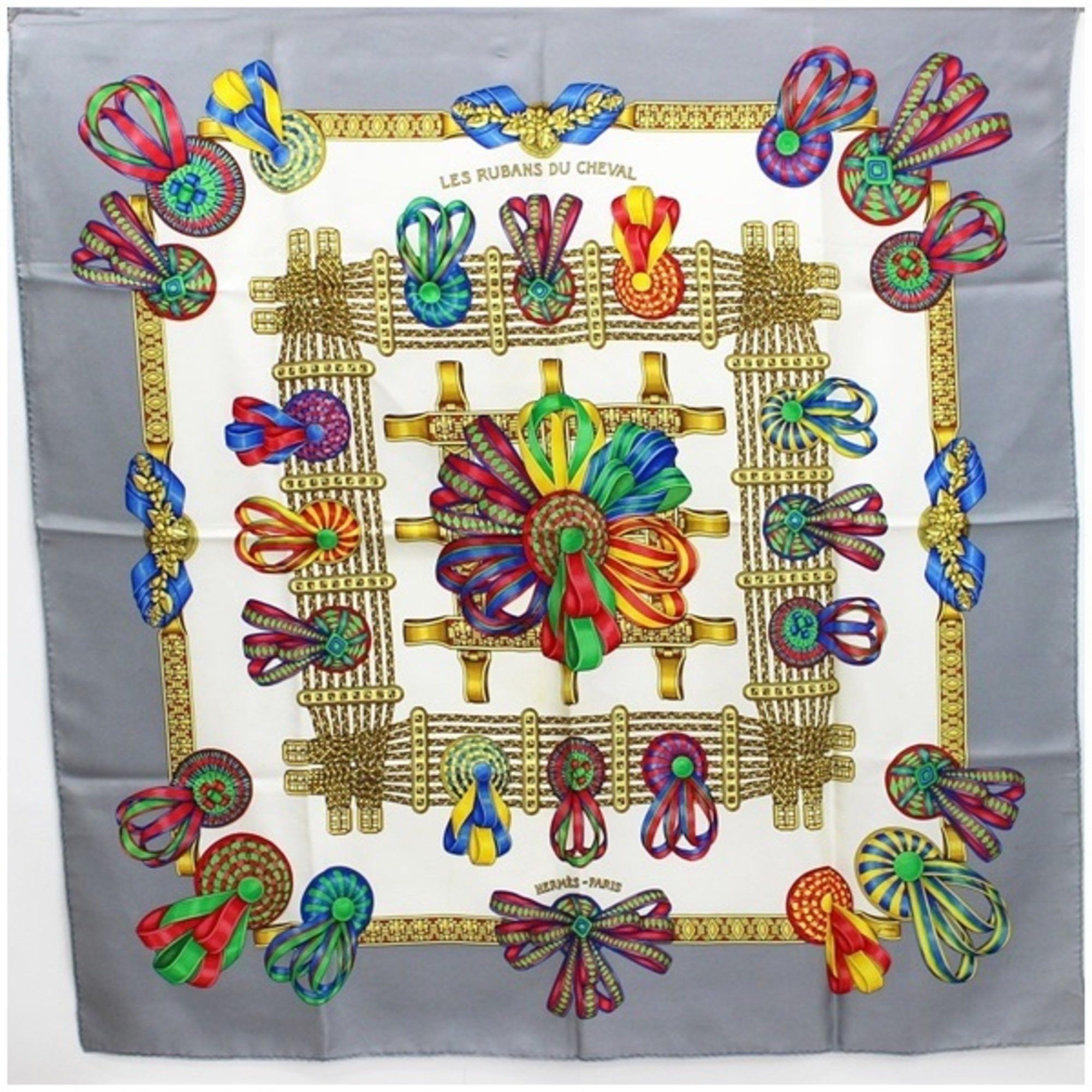 image of Hermes Silk Scarf Muffler Carre90 Les Rubans Du Cheval (Horse Ribbon) Gray X Multicolor Hermes Ladi