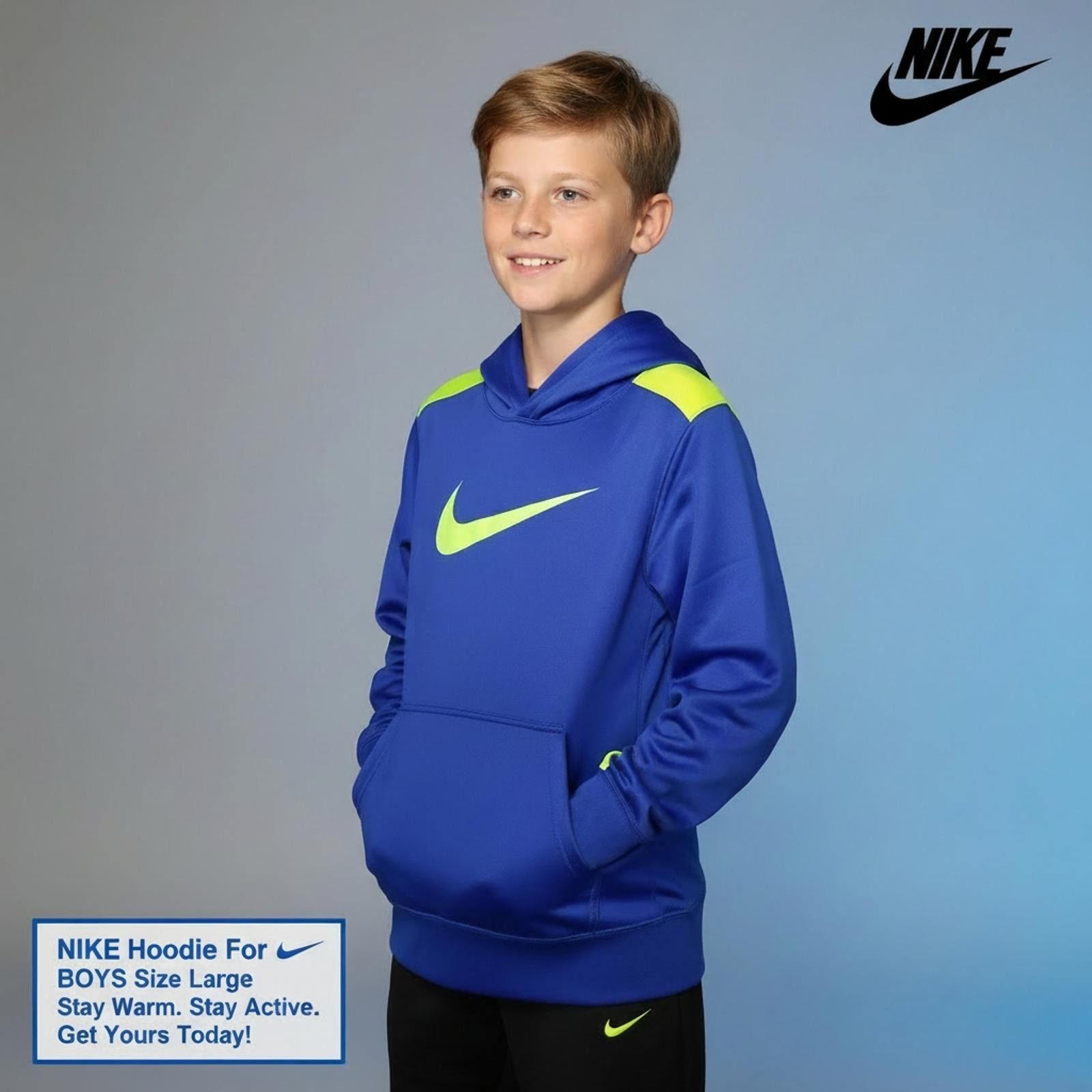 Nike Nike Boys' Large Blue and Neon Green Hoodie Size US L / EU 52-54 / 3 - 2 Thumbnail