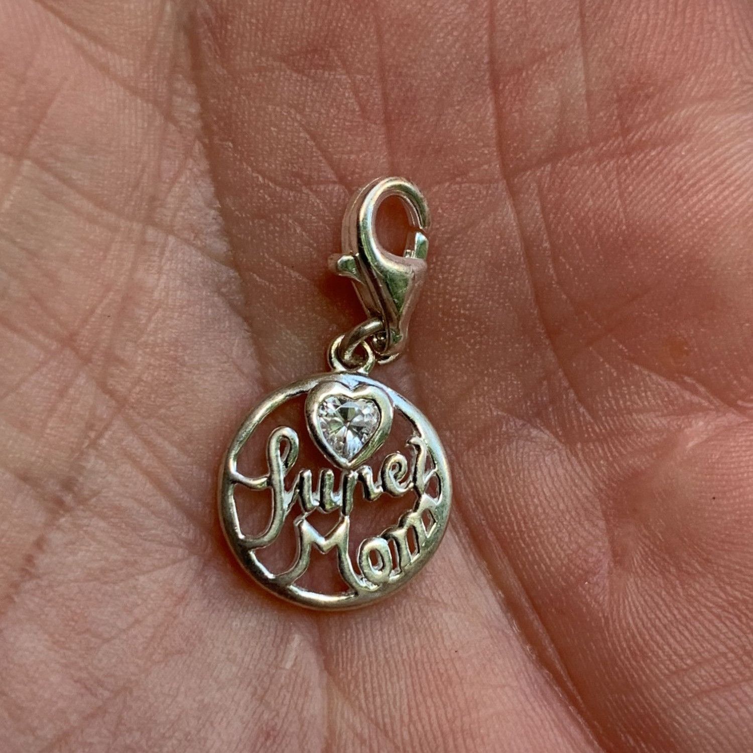 Designer Silver "June Mom" Charm With Lobster Clasp & Rhinestone Hea Size ONE SIZE - 6 Thumbnail