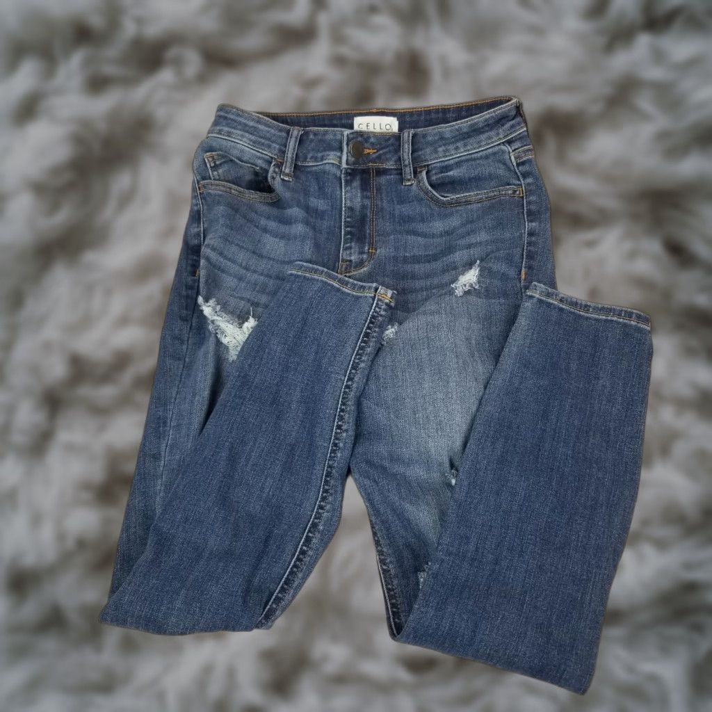 Vintage Cello Jeans Jeggings Medium Wash High Rise Distressed Womens Teens Junior Size 5 5-Pocket Denim Cotton Blend Belt Loops Regular Model Cello Size 27" / US 4 / IT 40 - 1 Thumbnail