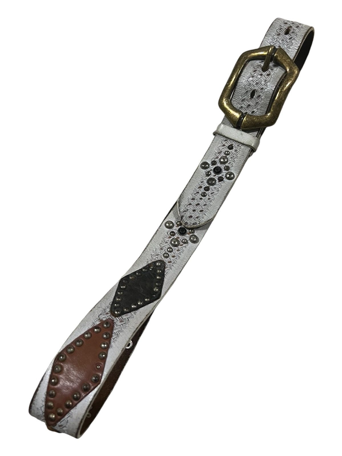 20471120 Vintage Genuine Leather Studded & Jeweled Brass Buckle Belt Size ONE SIZE - 1 Thumbnail