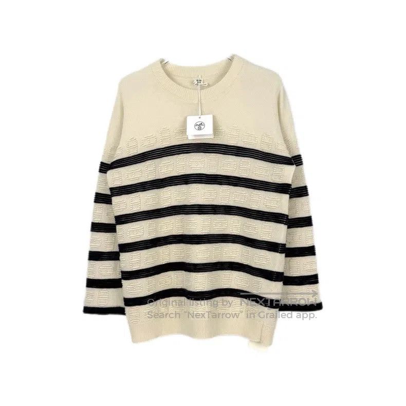 Hermes Blue and White Striped Pig Nose 3D Logo Cashmere Sw