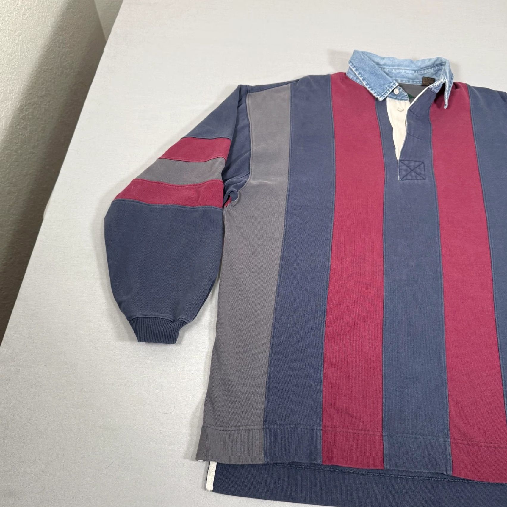 Vintage VINTAGE Halifax Polo Men XL Blue Gray Striped Rugby Heavyweight 100% Cotton Denim Collar 90s Mens Size US XL / EU 56 / 4 - 4 Thumbnail