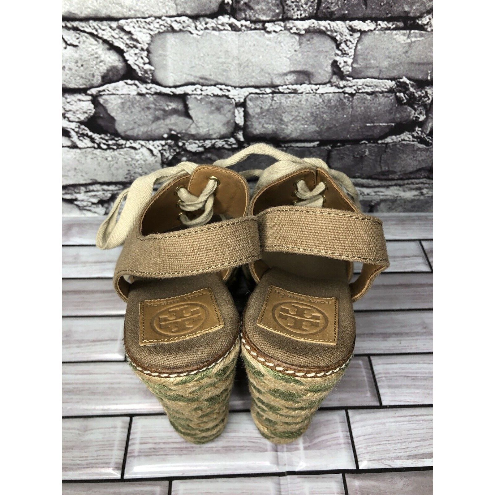 Tory Burch Tory Burch Taupe Canvas Textile Green Tan Espadrilles Wedge Size US 10 / IT 40 - 9 Thumbnail