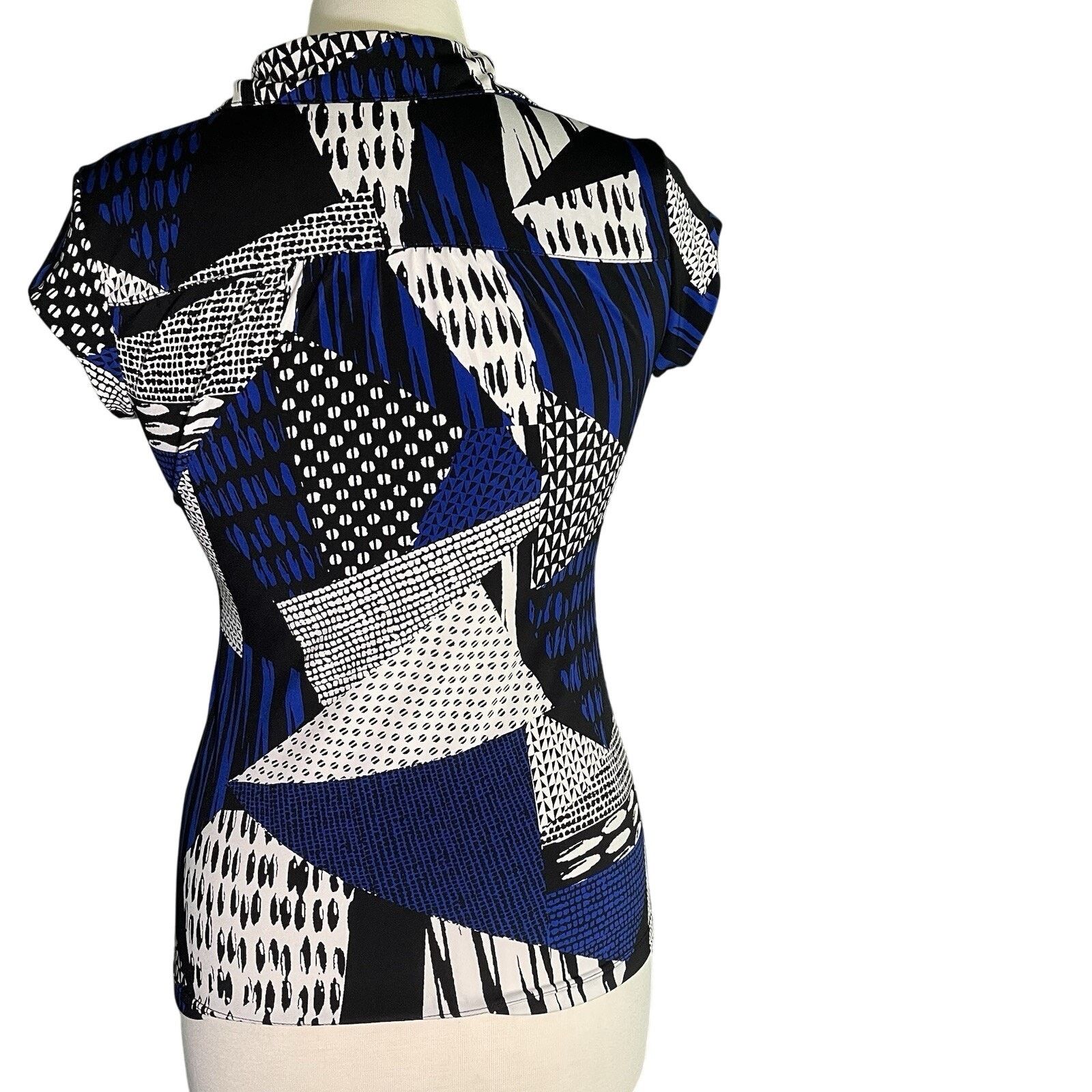 Alfani Alfani Short Sleeve Geometric Boho Blouse Blue Black P/S Size M / US 6-8 / IT 42-44 - 4 Thumbnail