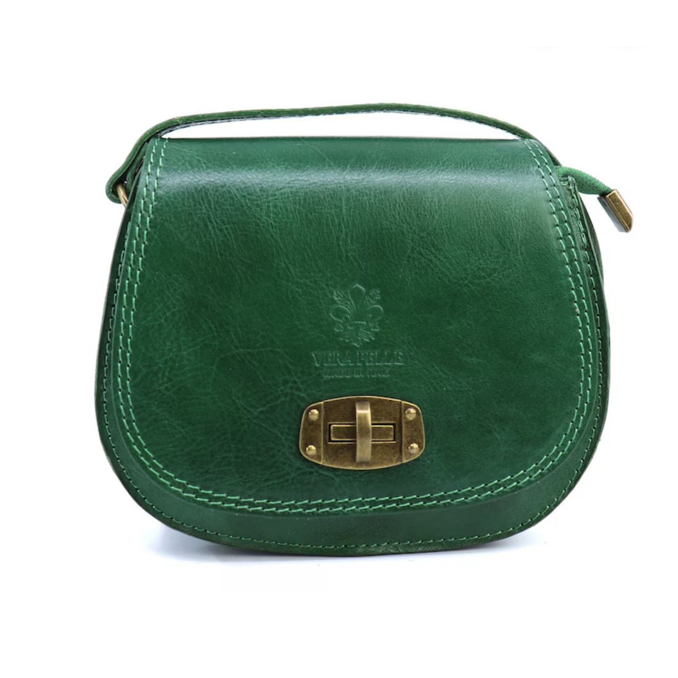 Vera Pelle Green Italian Leather Crossbody Bag Brass Hardwar