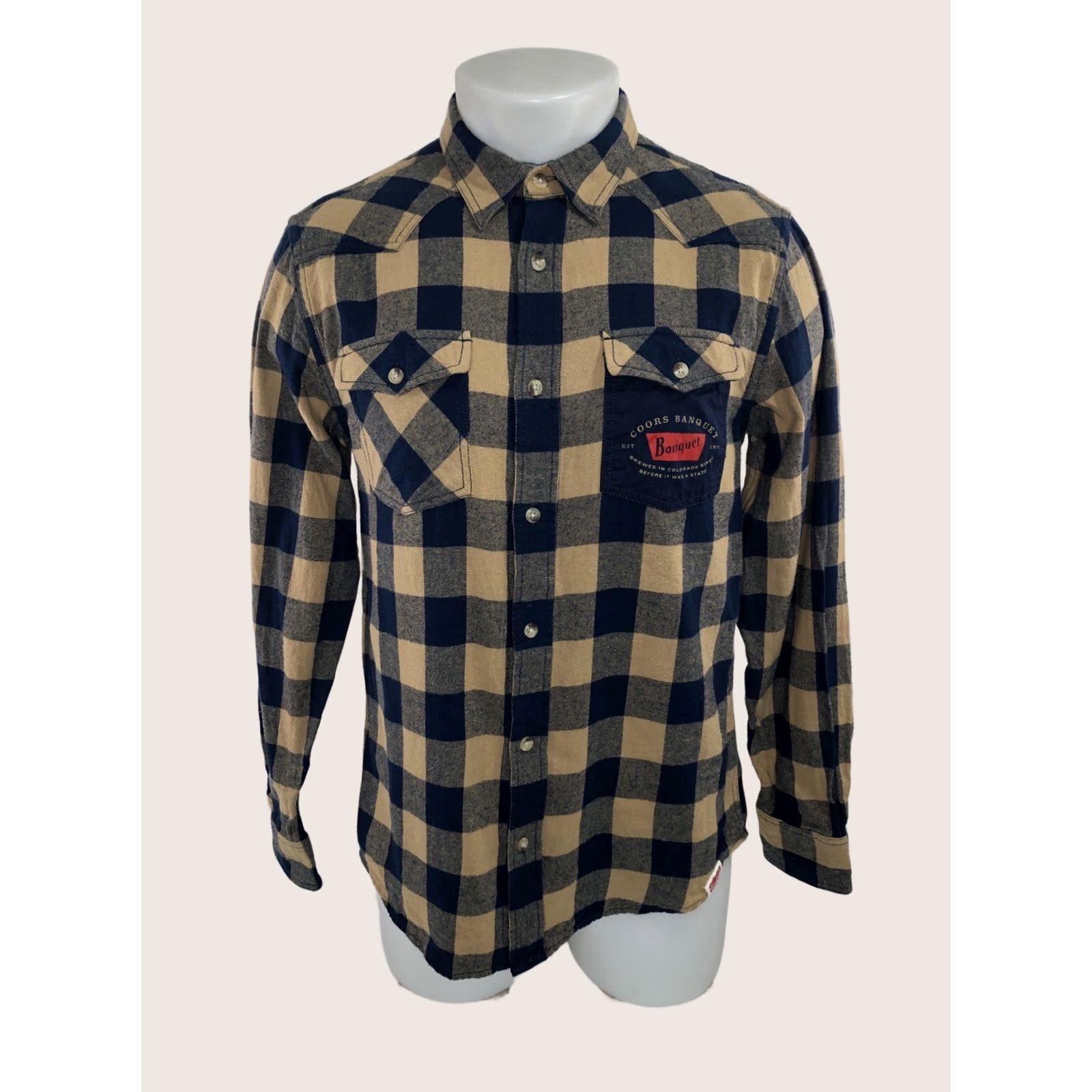 Vintage VINTAGE COORS BANQUET Shirt Mens S Plaid Check Flannel Button-Up Brown / Blue Size US S / EU 44-46 / 1 - 1 Thumbnail