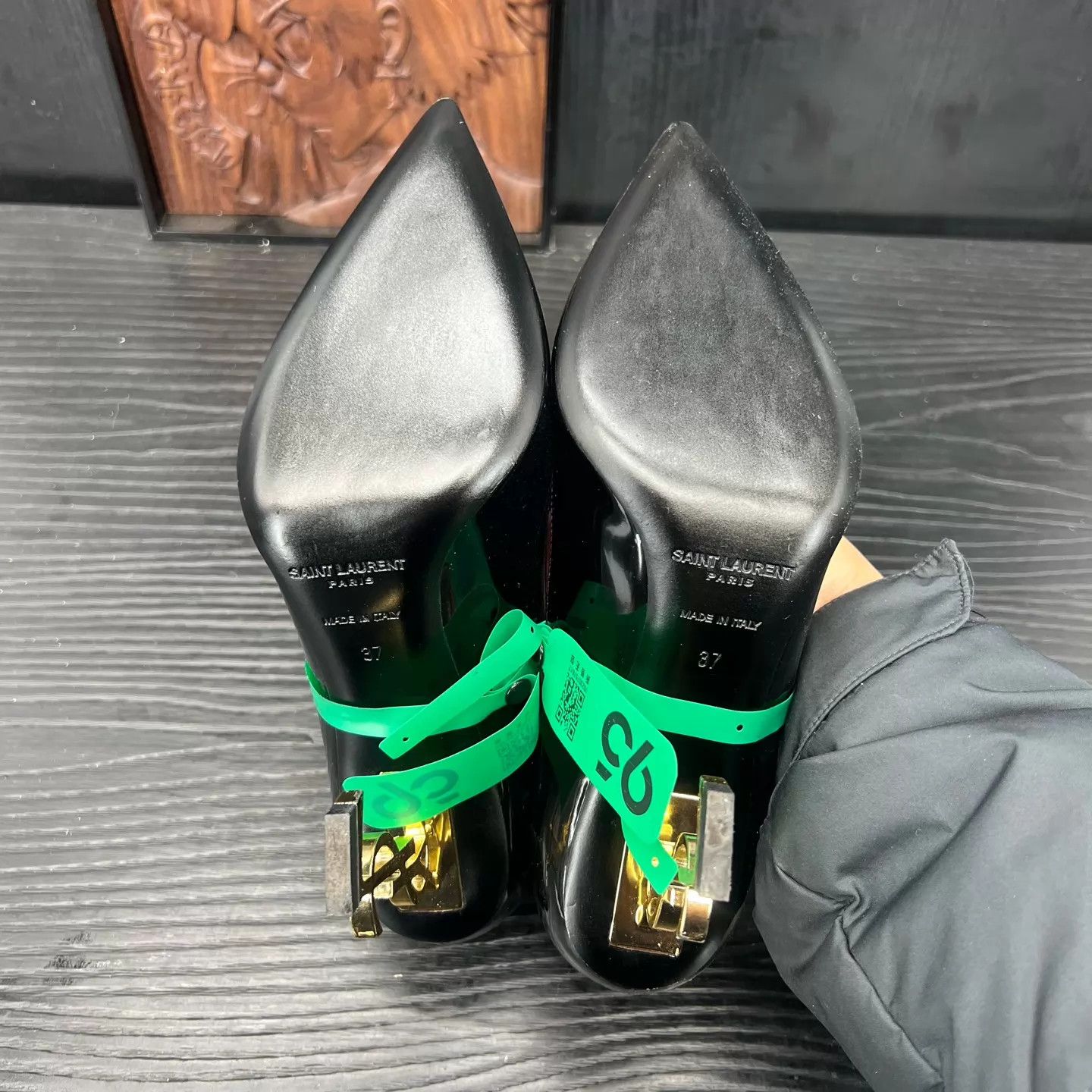 Saint Laurent Paris SAINT LAURENT Opyum Patent Black Gold Heels 37 Box Worn Size US 6.5 / IT 36.5 - 6 Thumbnail