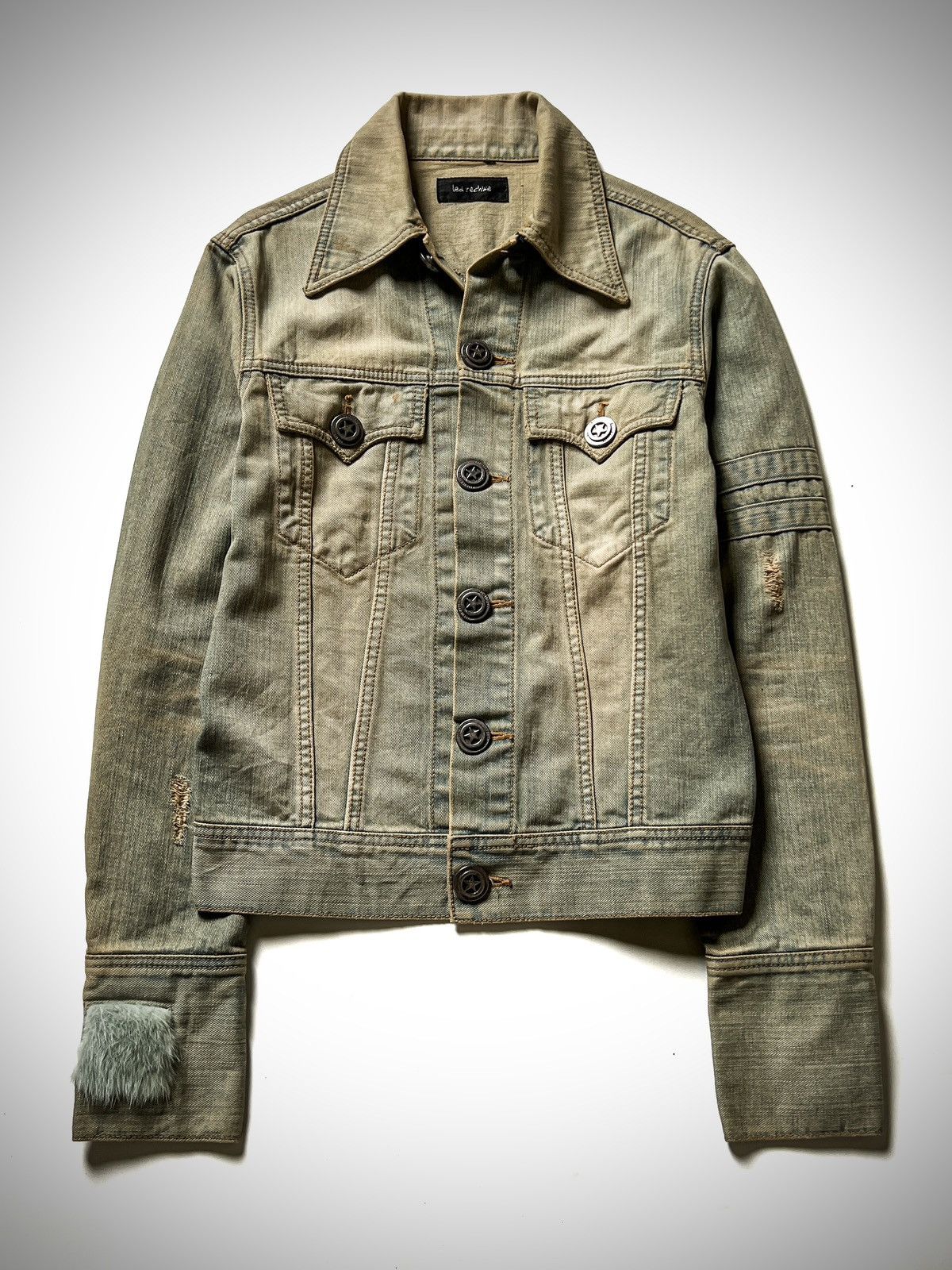 If Six Was Nine Led Rechwe Fur Patch Mud Wash Denim Jacket Early 00s Size US M / EU 48-50 / 2 - 1 Thumbnail