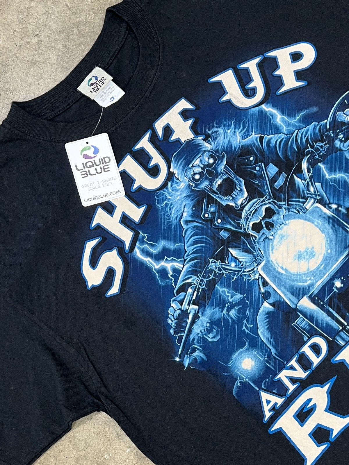 Vintage Liquid Blue Shut Up and Ride Skeleton Motorcycle XXL