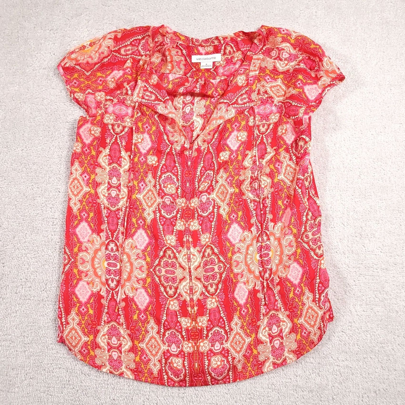 Liz Claiborne Liz Claiborne Shirt Women's Small Pink Polyester Short Sleeve V Neck Tie Front Blouse Size S / US 4 / IT 40 - 2 Thumbnail